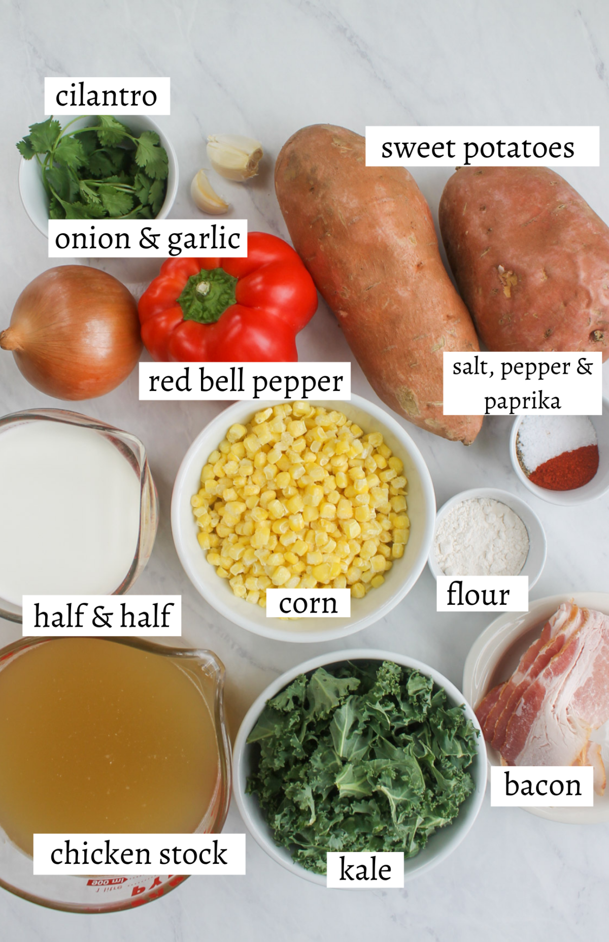 Labeled ingredients for Sweet Potato Corn Chowder.