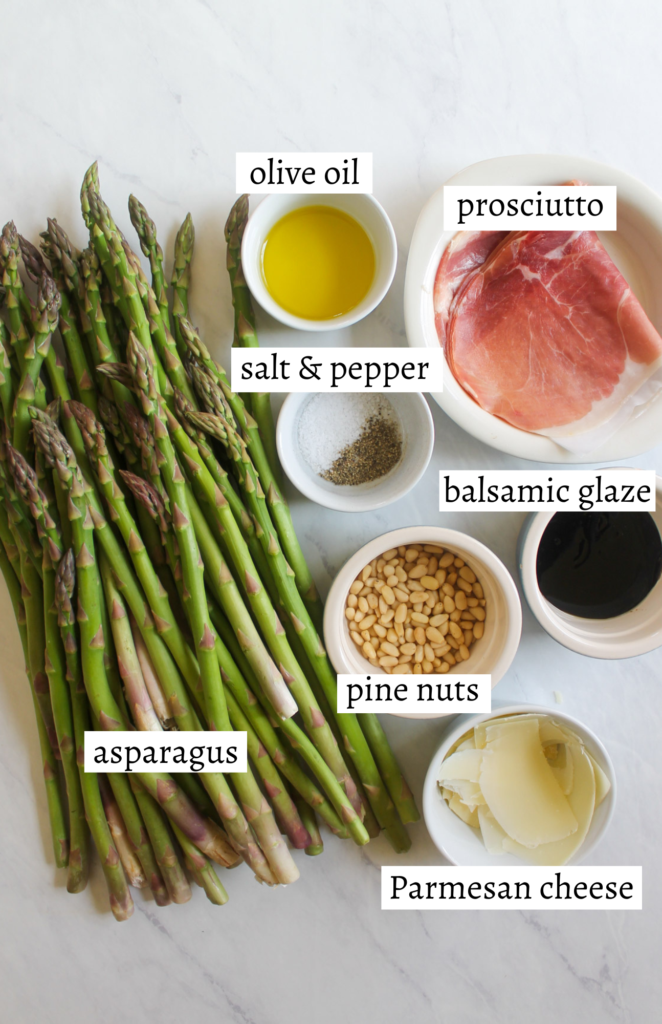 Labeled ingredients for roasted asparagus with balsamic glaze.