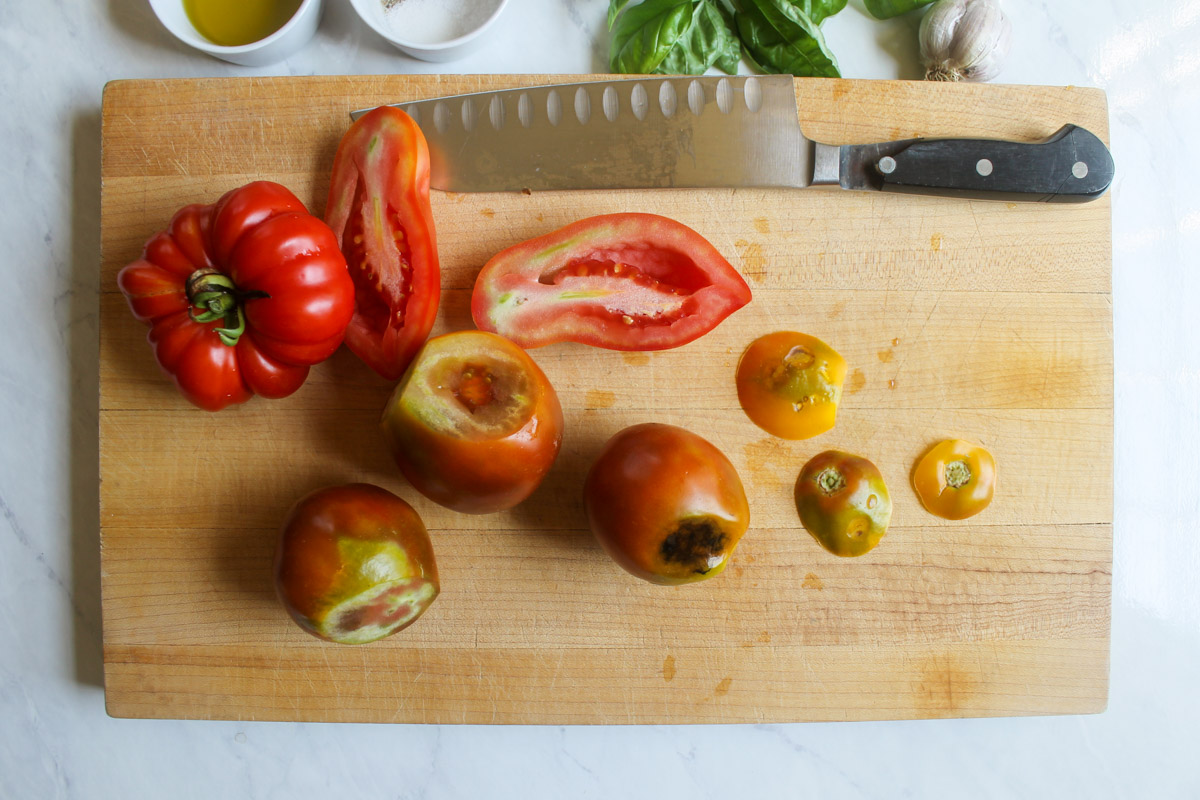 Cutting bad spots off garden tomatoes on a cutting board to make tomato soup.
