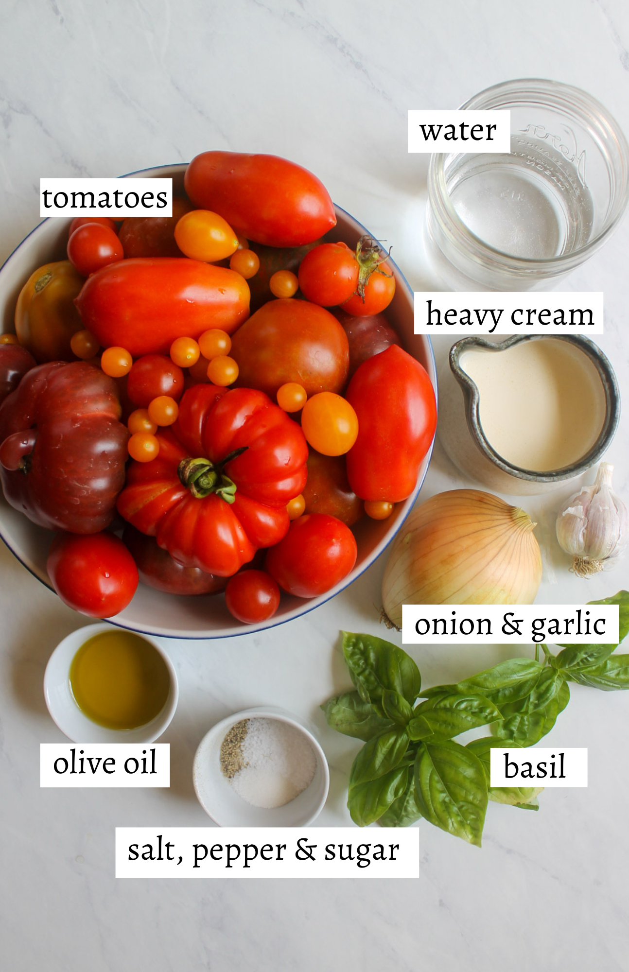 Labeled ingredients for roasted tomato soup from garden fresh tomatoes.