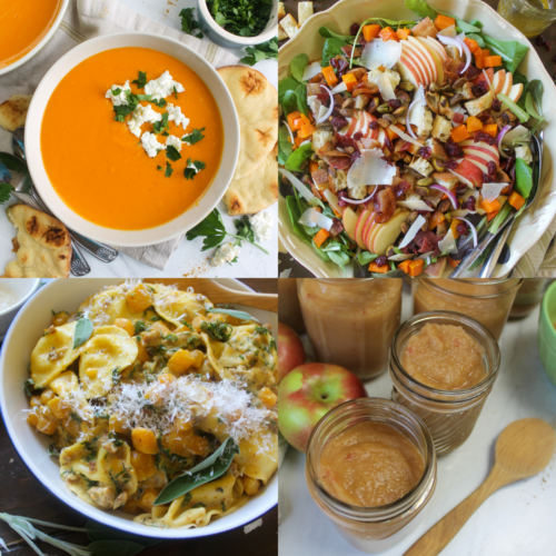 Four photos of fall recipes including butternut squash soup, salads and applesauce.