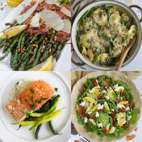 Four photos of spring recipes featuring asparagus.