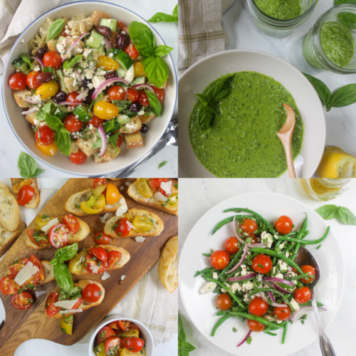 Four pictures of summer recipes featuring tomatoes, pesto and green beans.