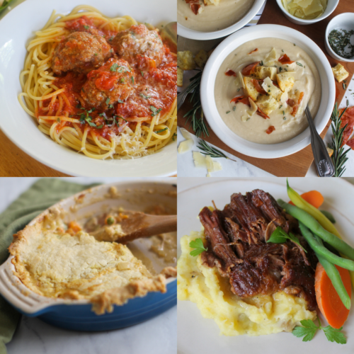 Four pictures of winter recipes including beef roast, soup, chicken pot pie and spaghetti.