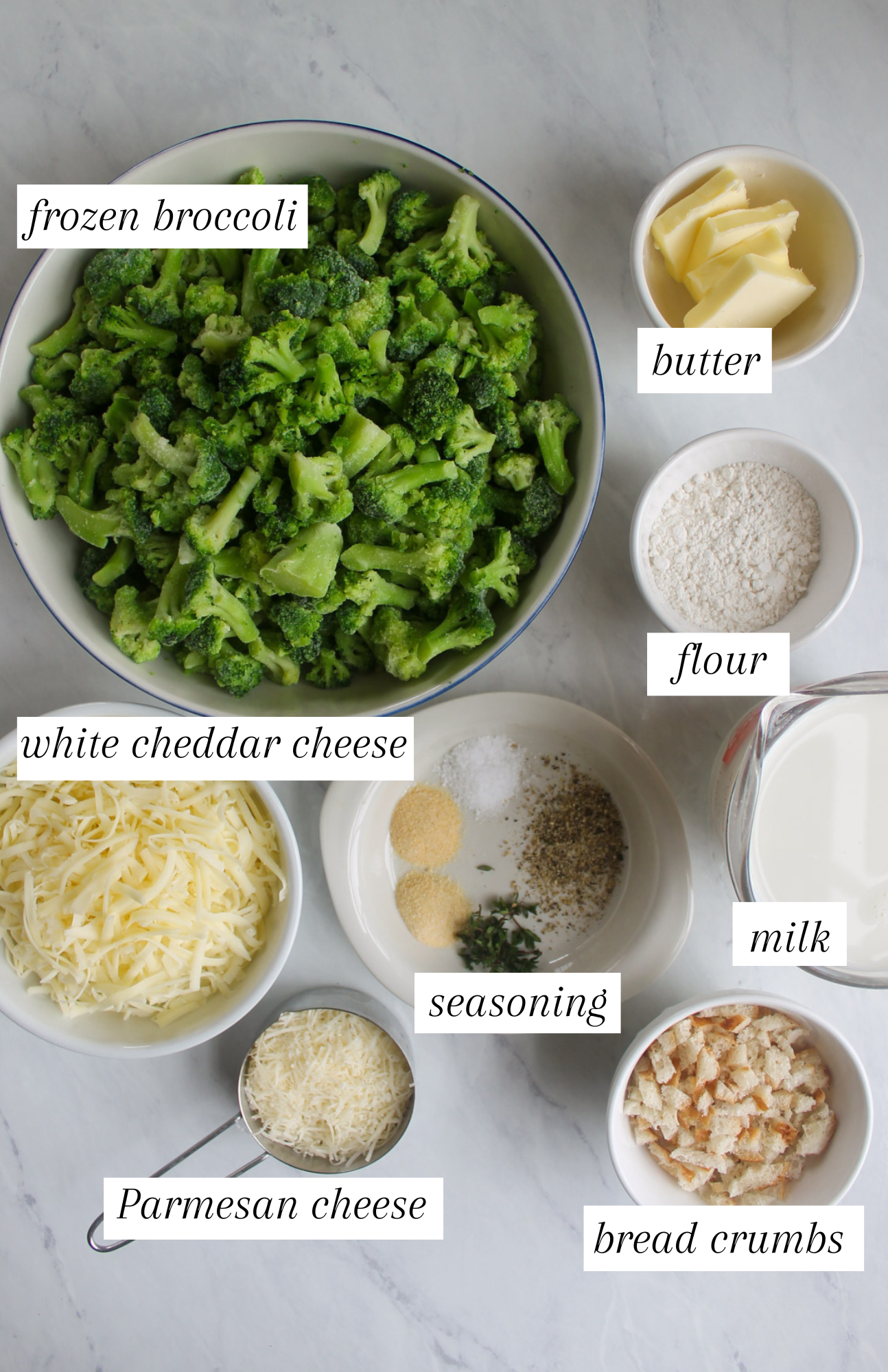 Labeled ingredients for broccoli au gratin.