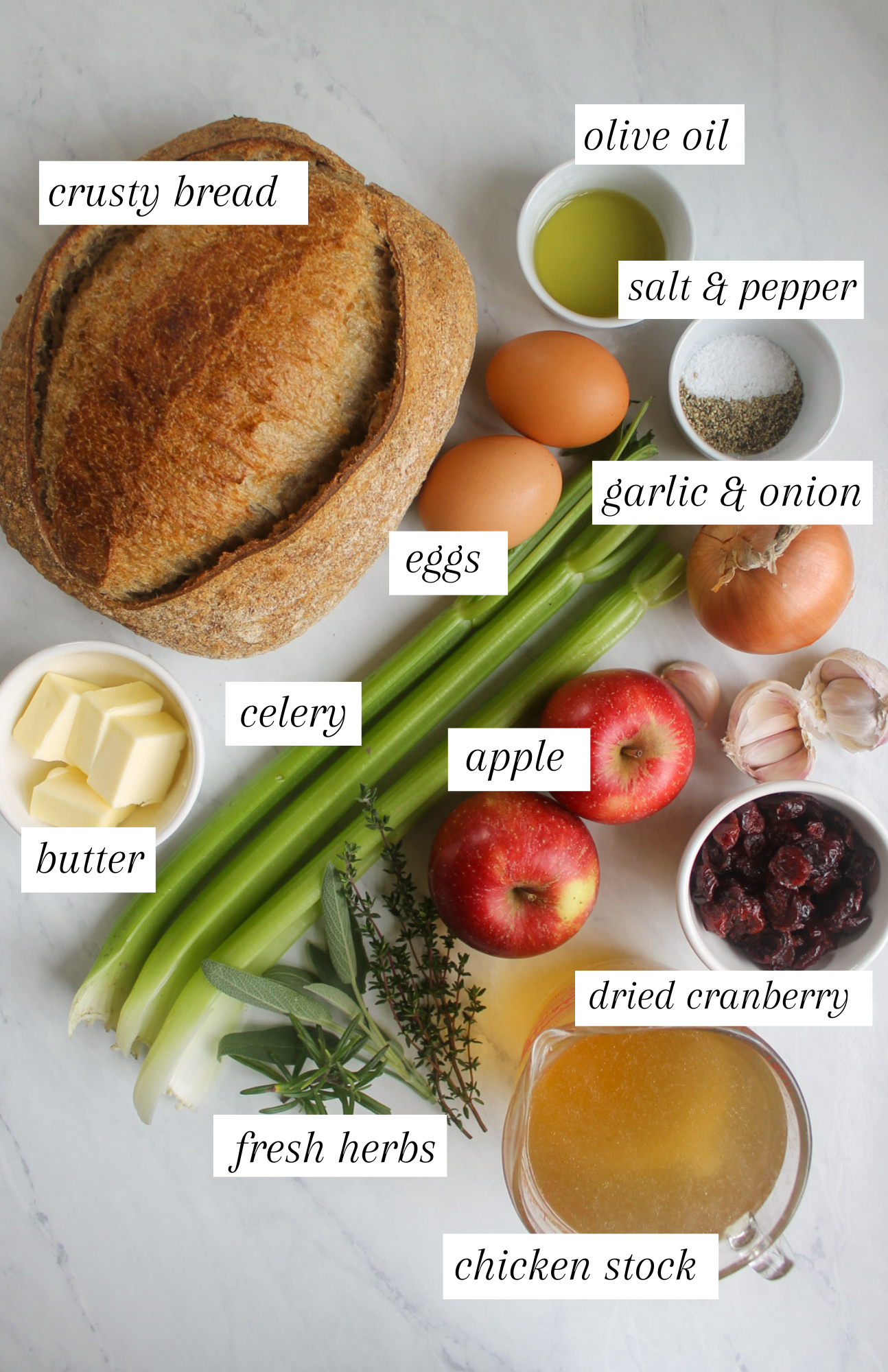 Labeled Ingredients for Cranberry Herb Bread Stuffing.