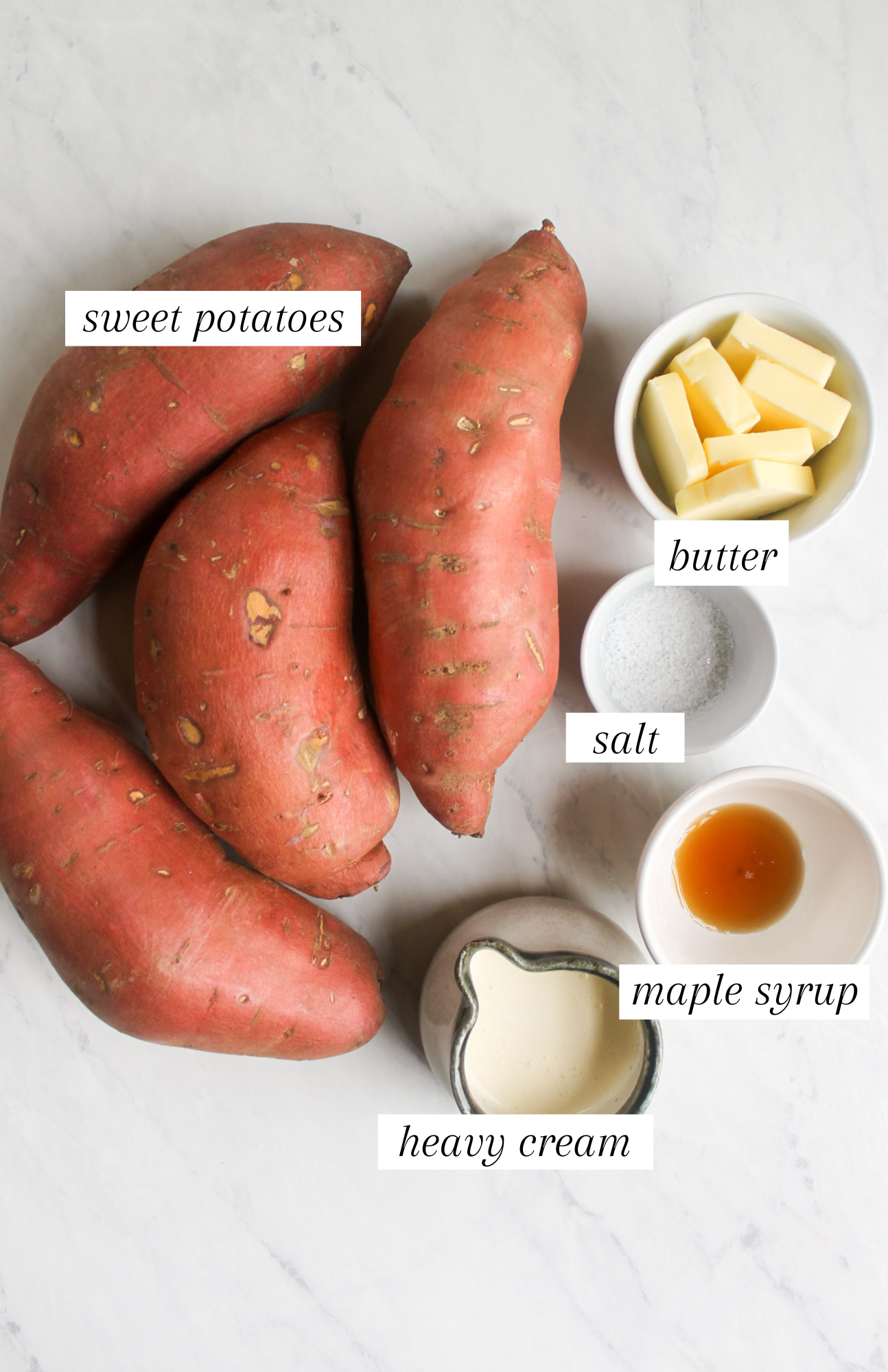 Labeled ingredients for Mashed Sweet Potatoes.