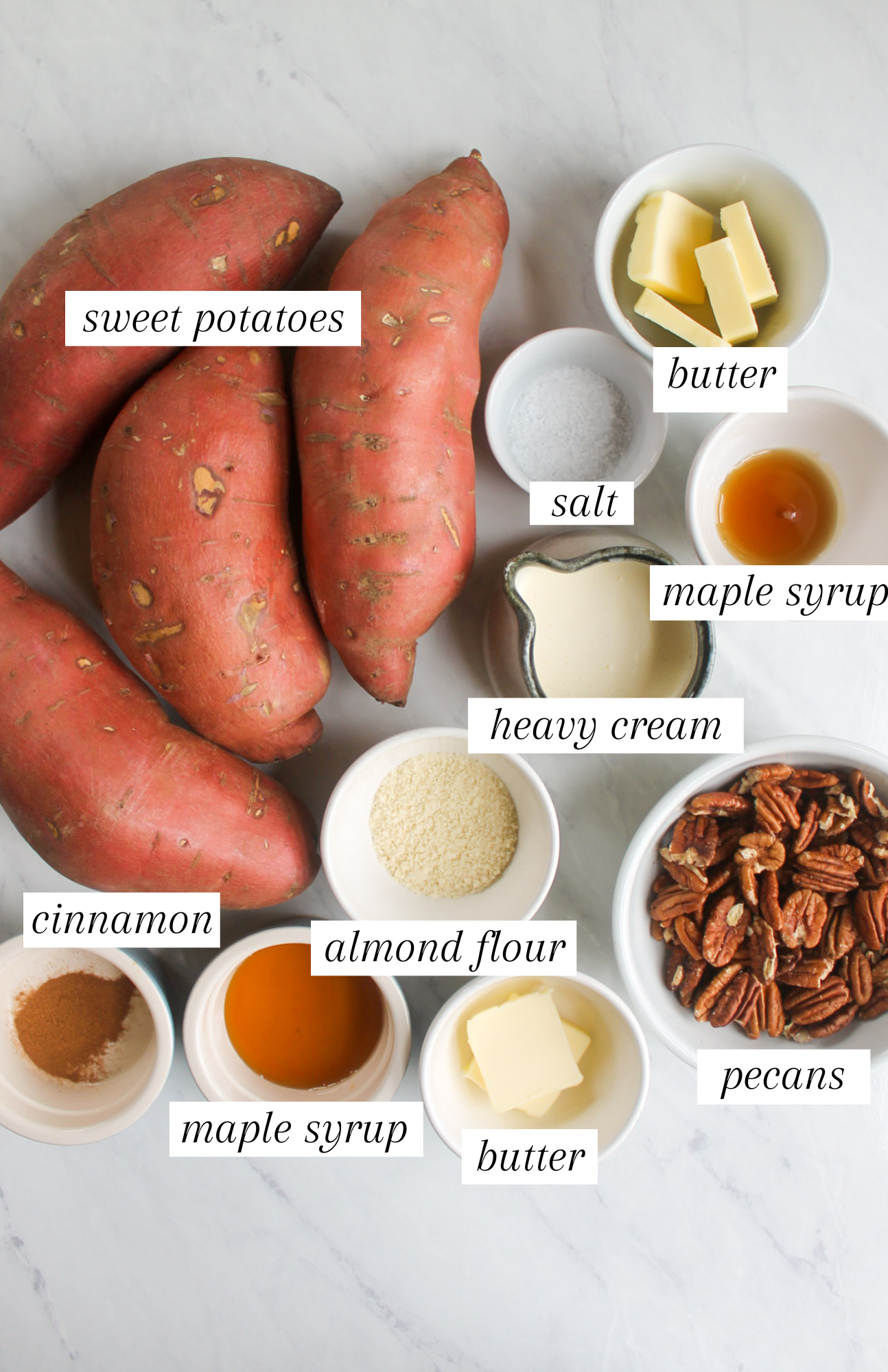 Labeled ingredients for Sweet Potato Casserole.