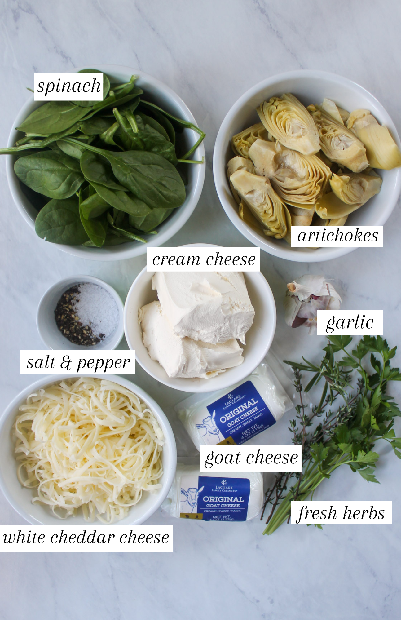 Labeled ingredients for Goat Cheese Artichoke Dip.