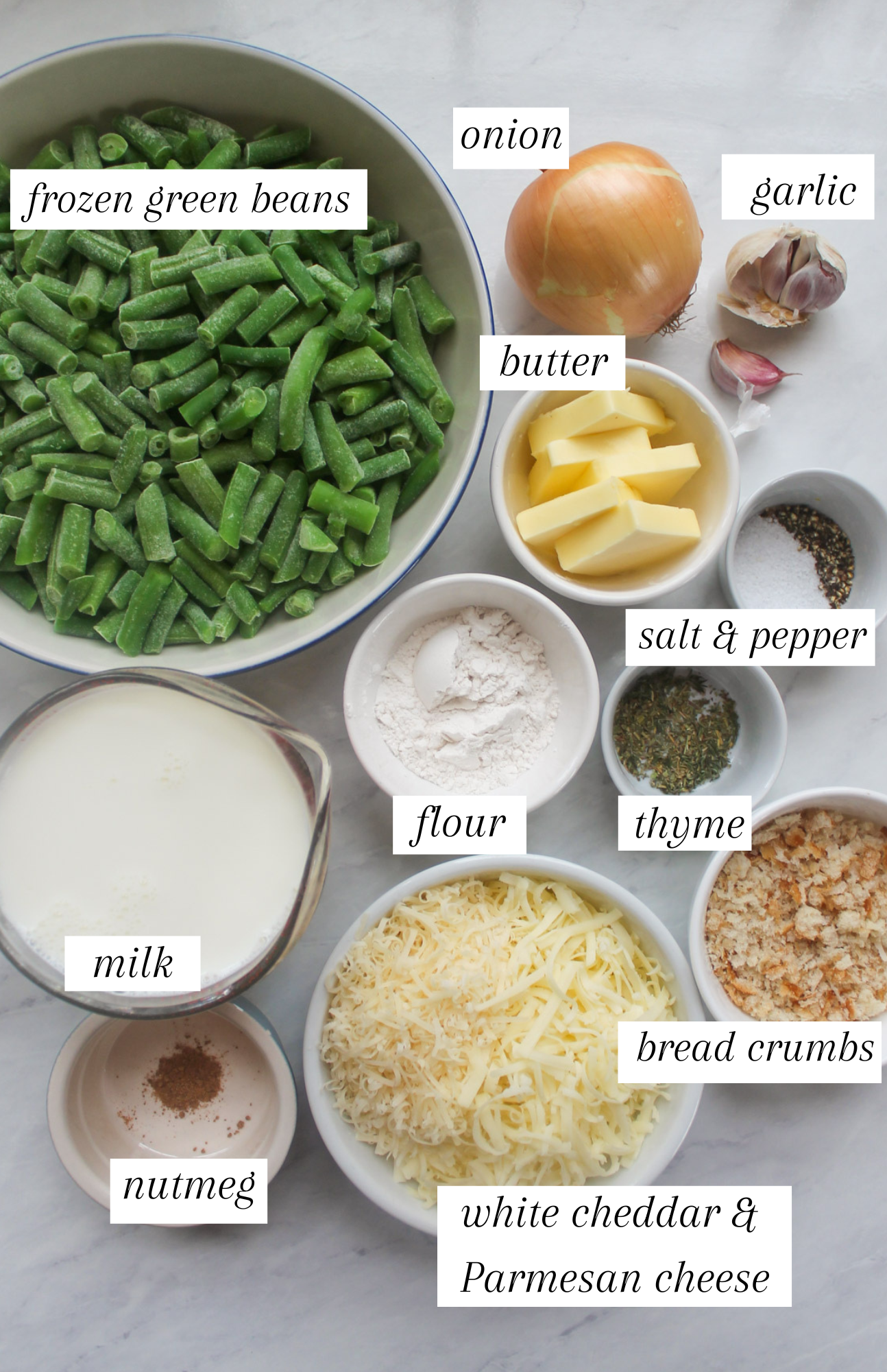 Labeled ingredients for green bean au gratin.