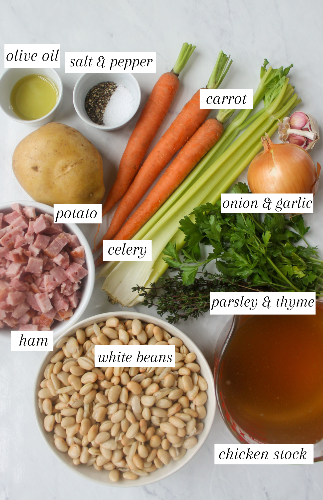 Labeled ingredients for ham white bean soup.