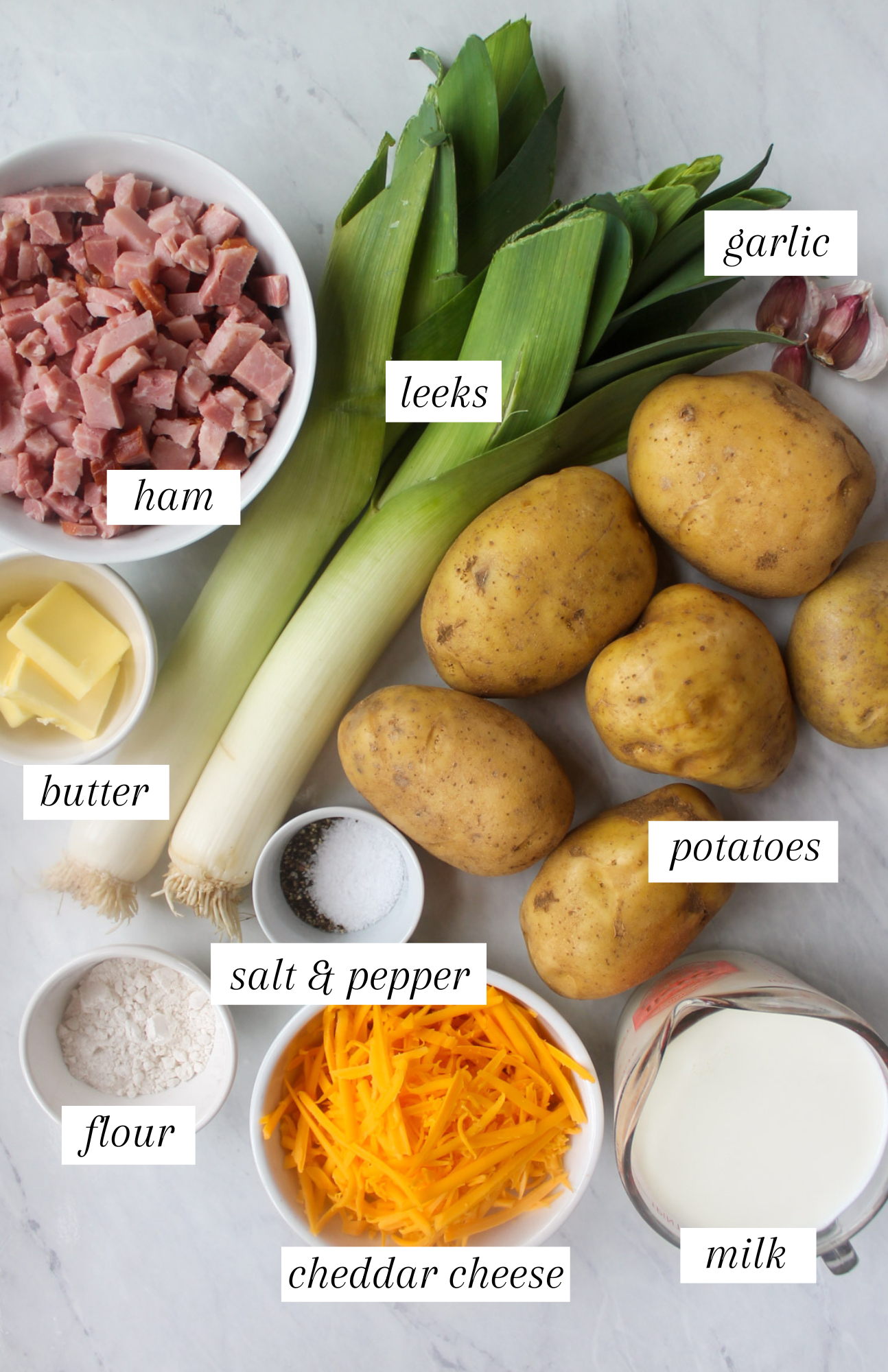 Labeled ingredients for Potato Ham and Leek Soup.