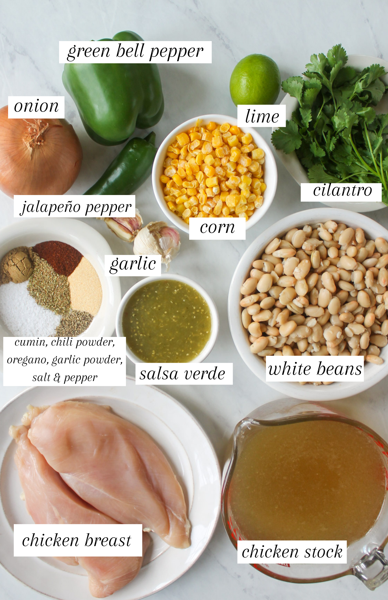 Labeled ingredients for crockpot white chicken chili.