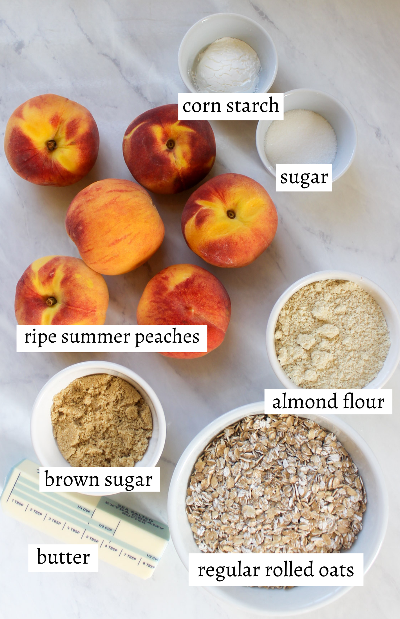 Labeled ingredients for peach crisp.