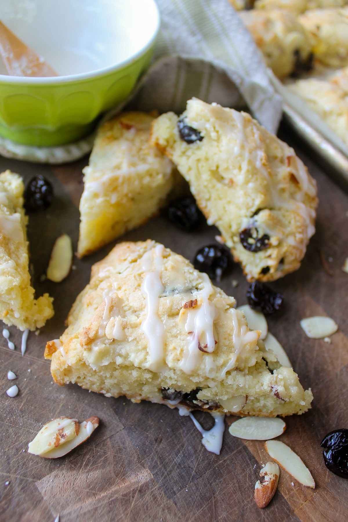 Almond Cherry Scones drizzled with glaze.