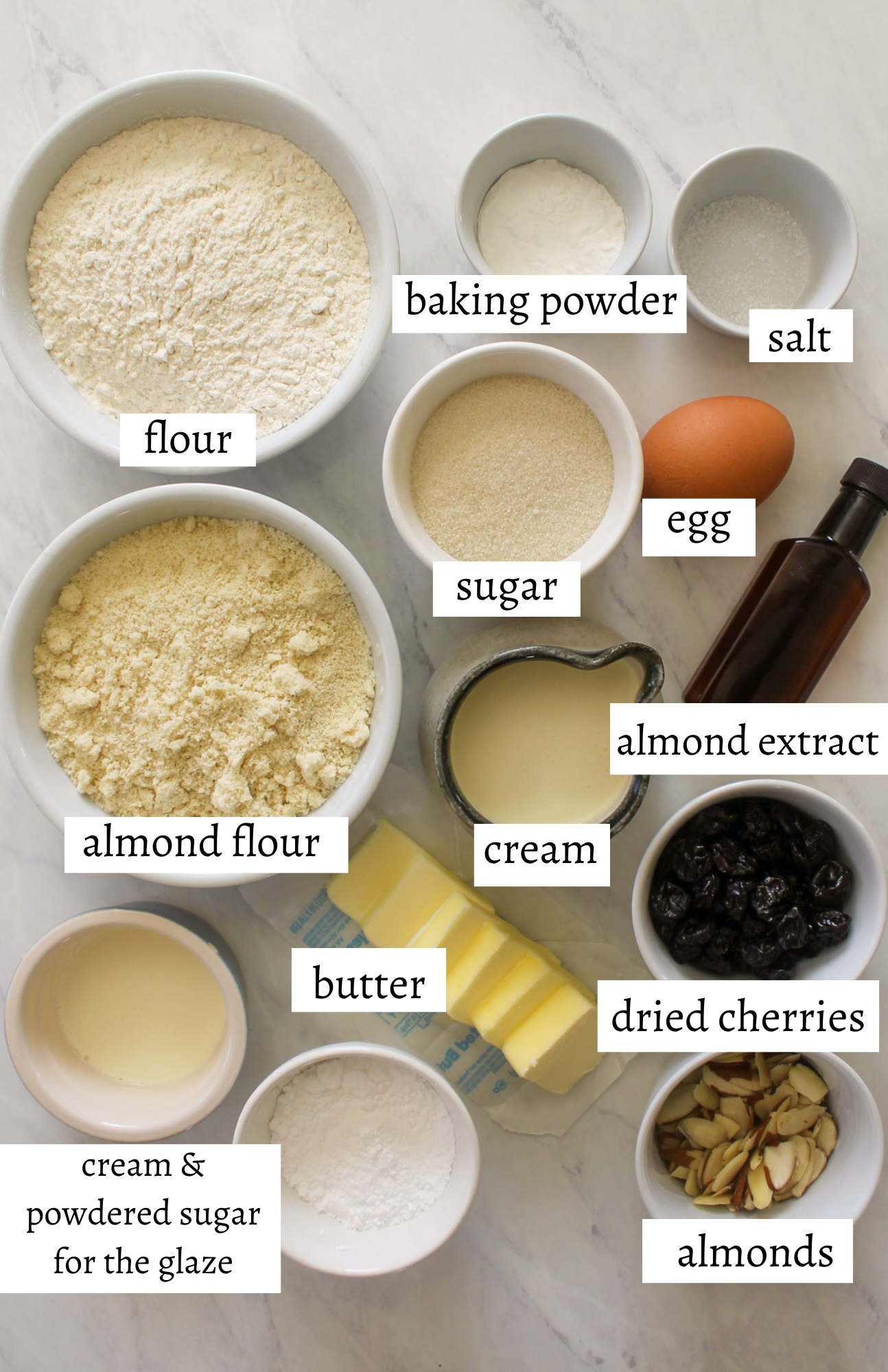 Labeled ingredients for Almond Cherry Scones.