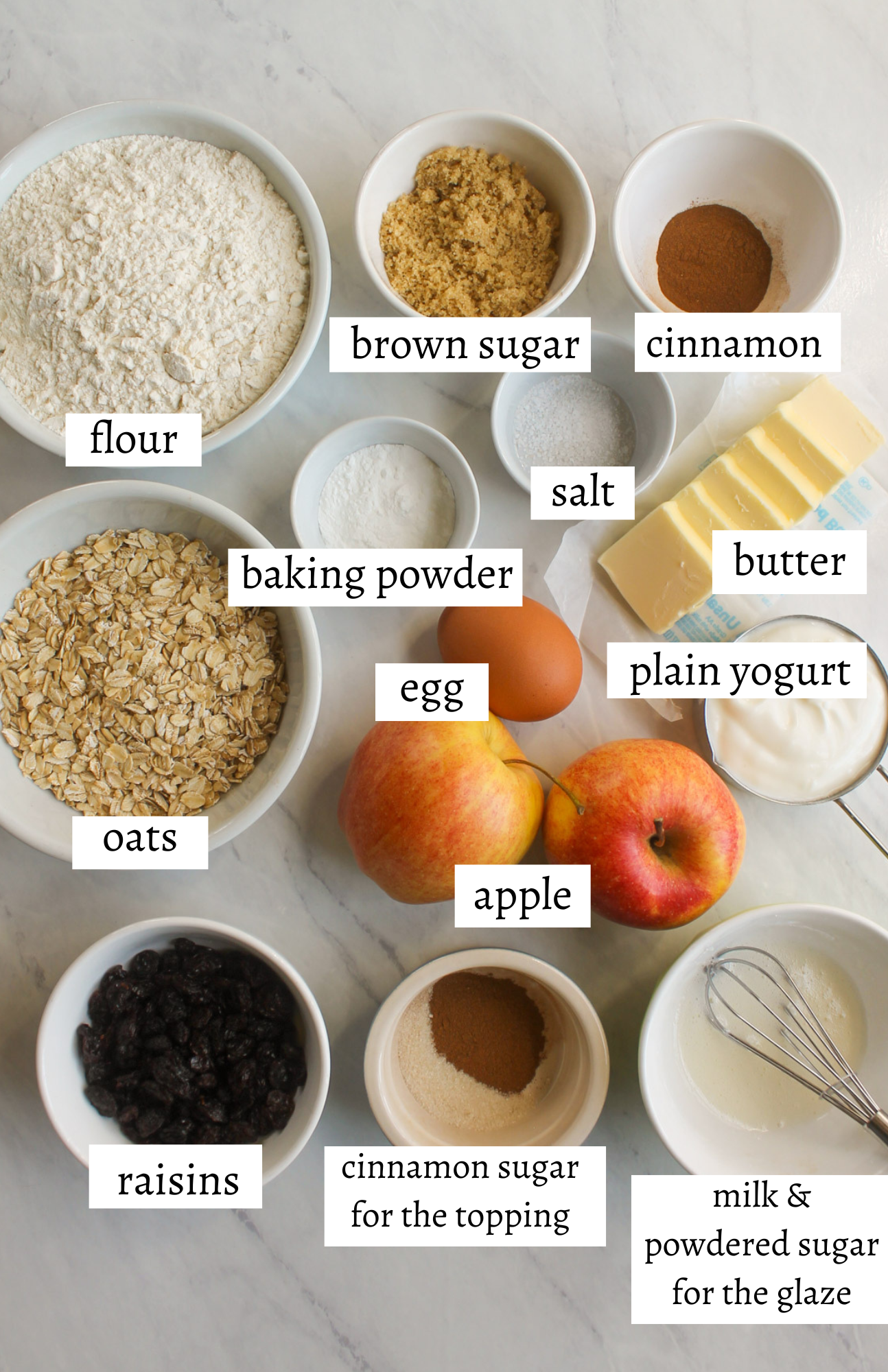 Labeled ingredients for Apple Cinnamon Raisin Scones.