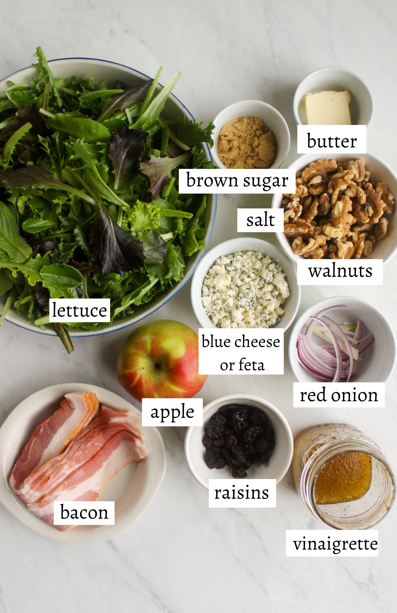 Labeled ingredients for Blue Cheese Apple Walnut Salad.