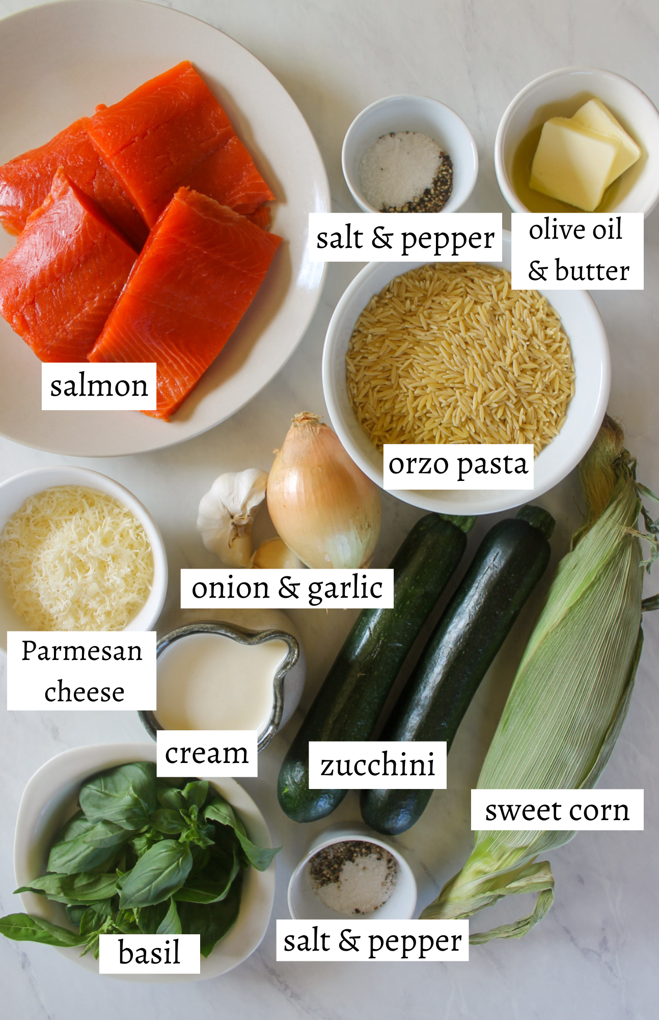 Labeled ingredients for Salmon Zucchini Orzo Pasta.