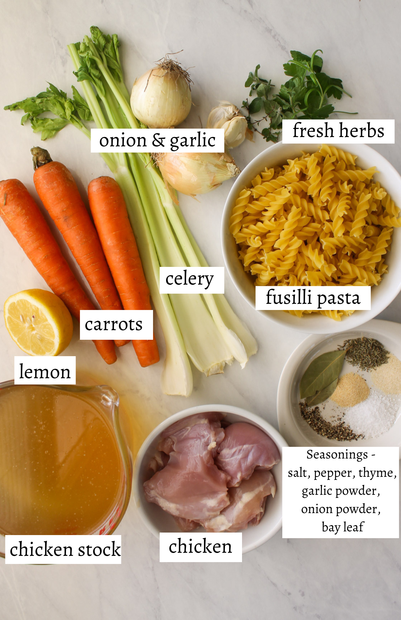 Labeled ingredients for Slow Cooker Chicken Noodle Soup.