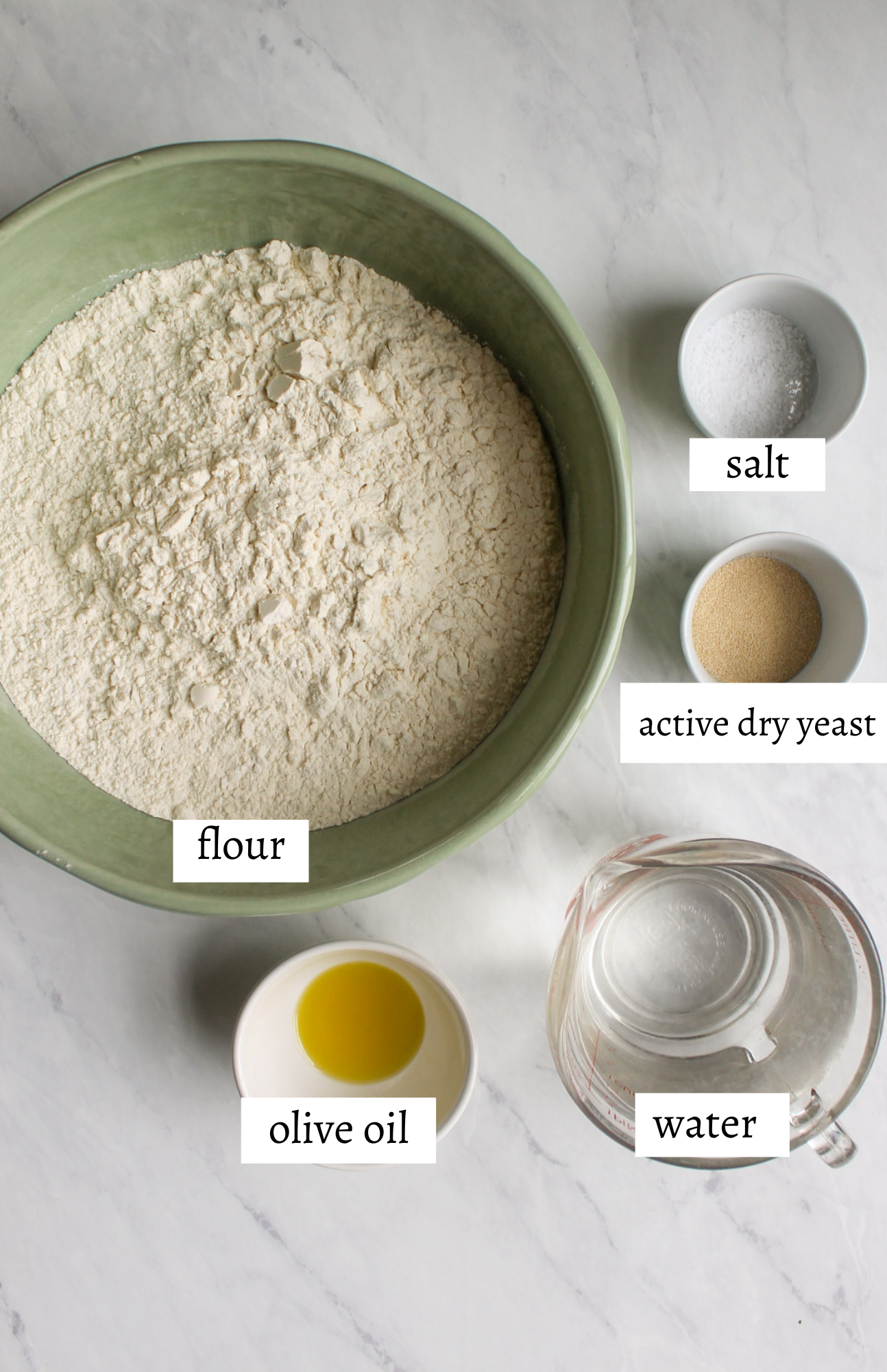 Labeled ingredients for homemade bread.