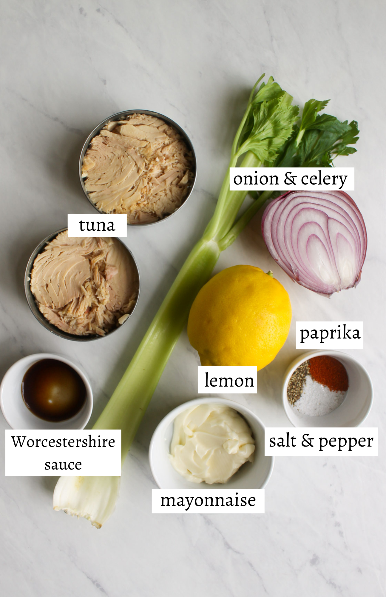 Labeled ingredients for tuna salad.