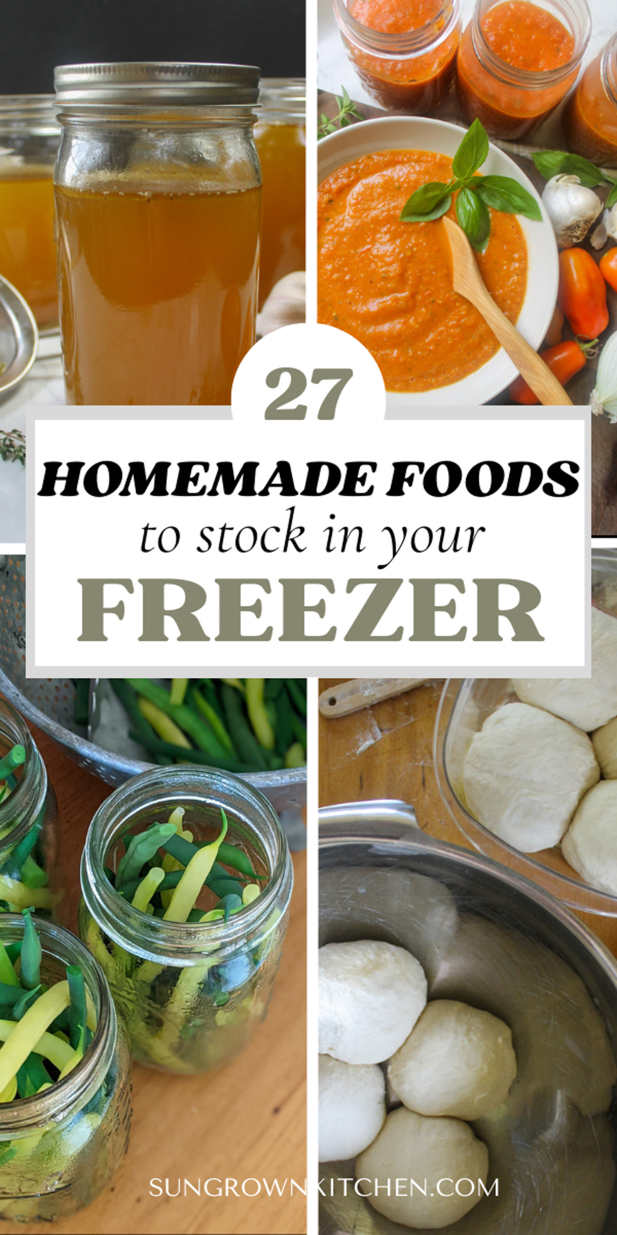 Recipes to stock your freezer like tomato sauce, pizza dough, green beans and chicken stock.