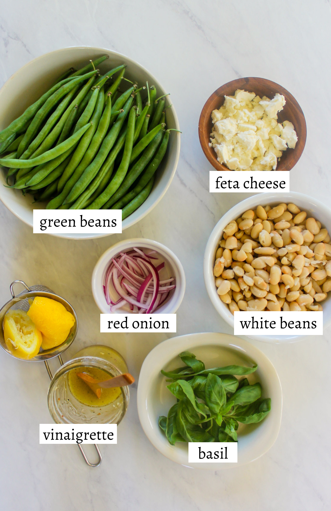 Labeled ingredients for White Bean Green Bean Salad.