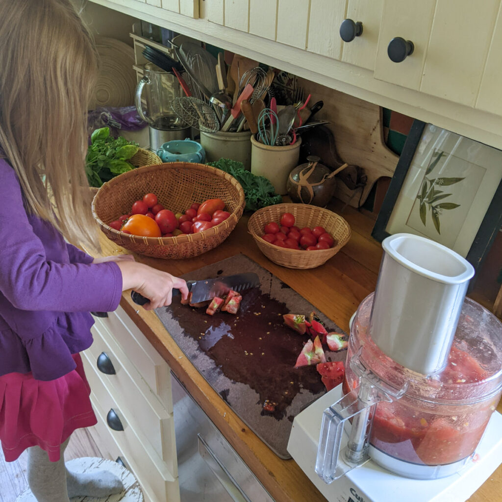 Cutting tomatoes into a food processor.