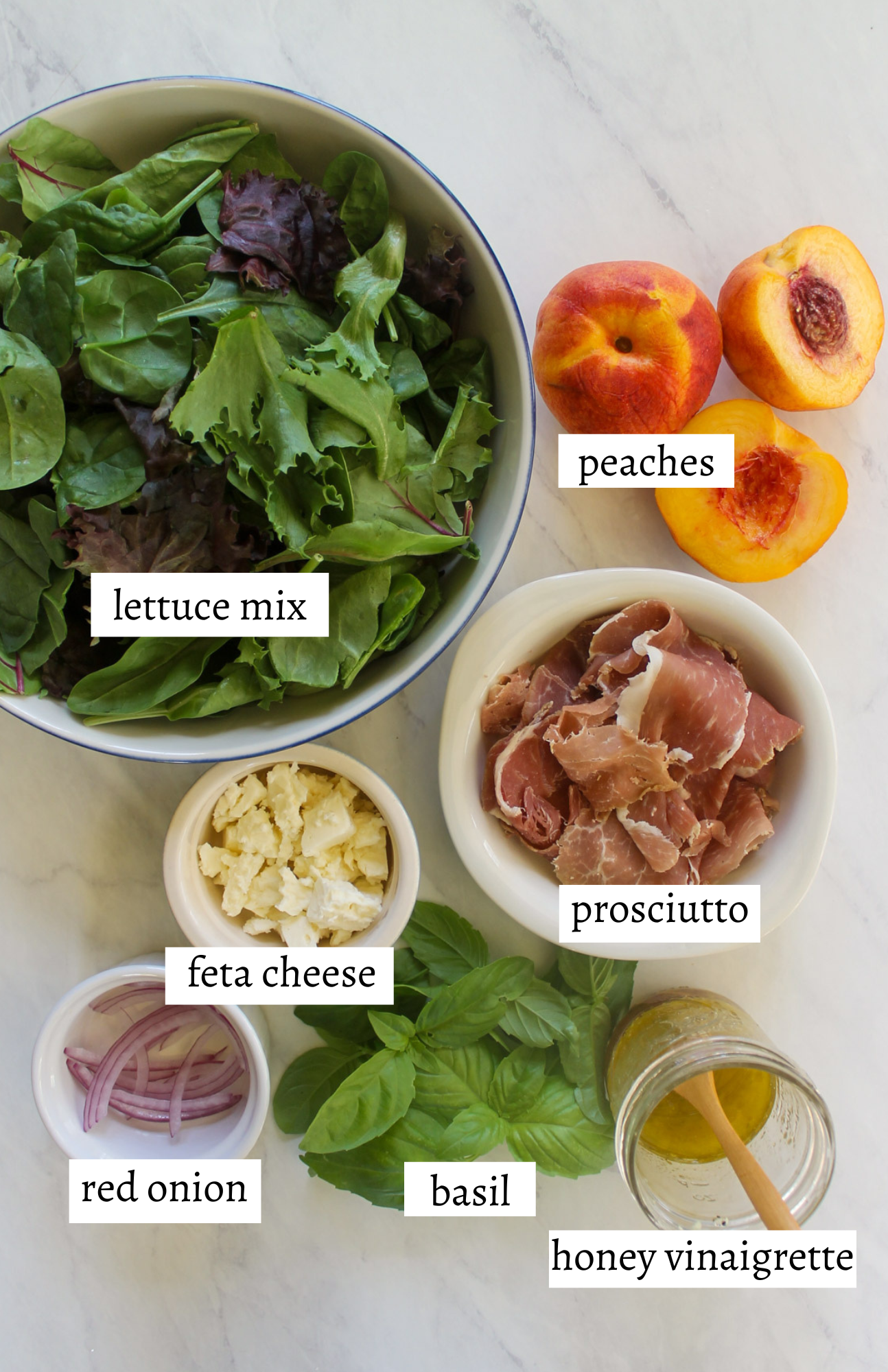 Labeled ingredients for Peach Prosciutto Salad.