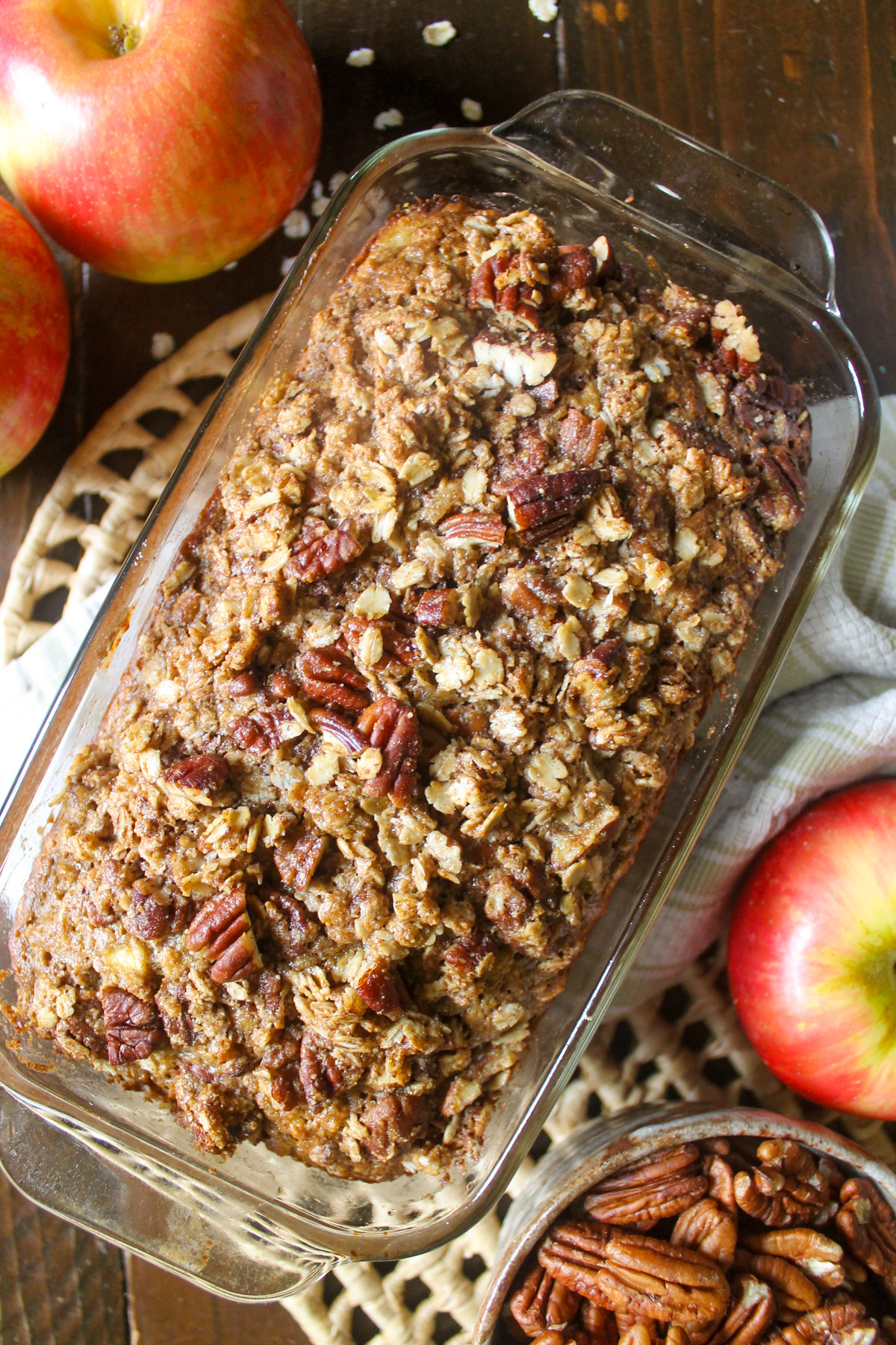 Apple bread with pecan oat crumble topping.