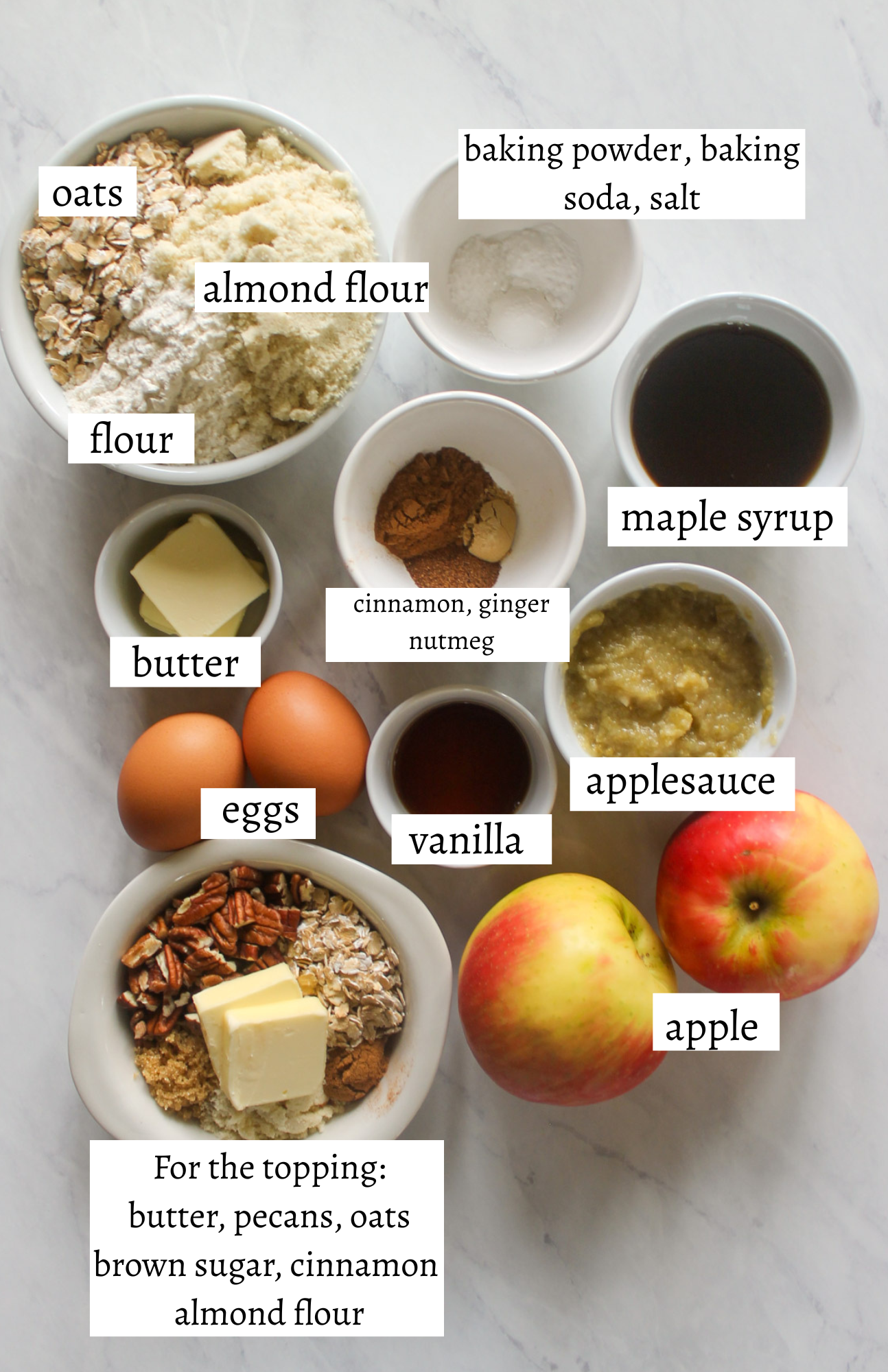 Labeled ingredients for apple oat crumble bread.