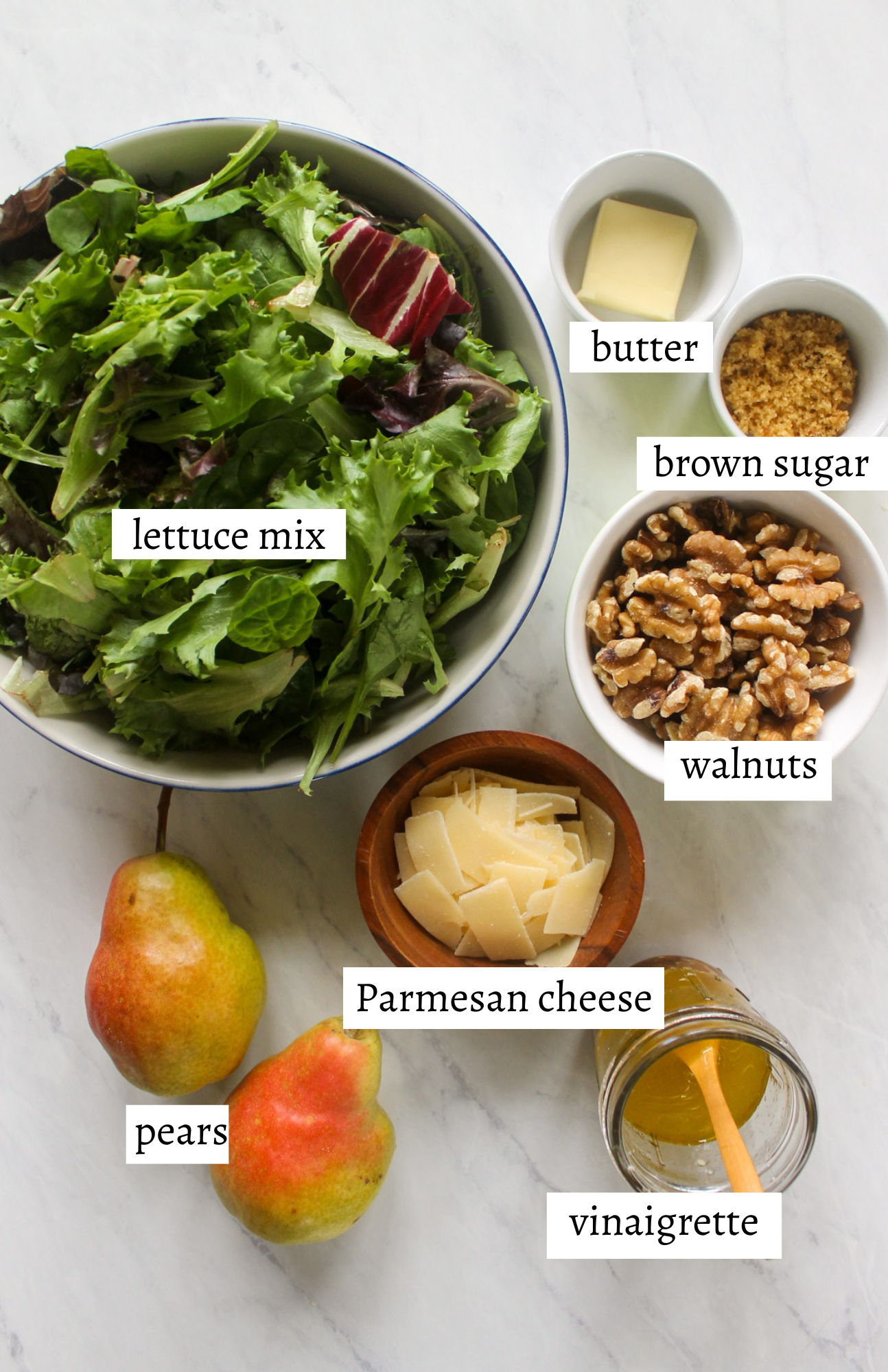 Labeled ingredients for Pear Parmesan Salad.