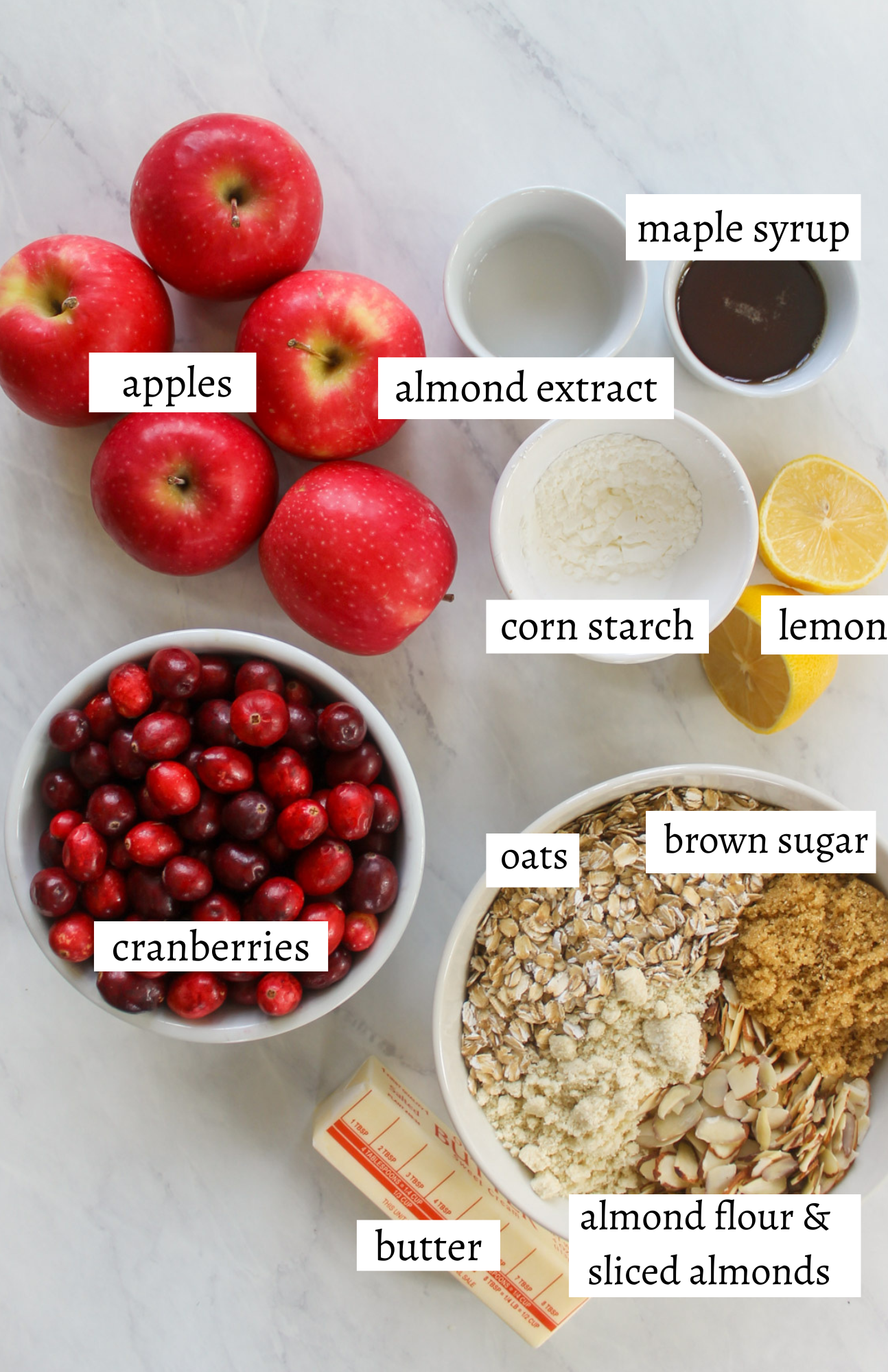 Labeled ingredients for Apple Cranberry Crisp.