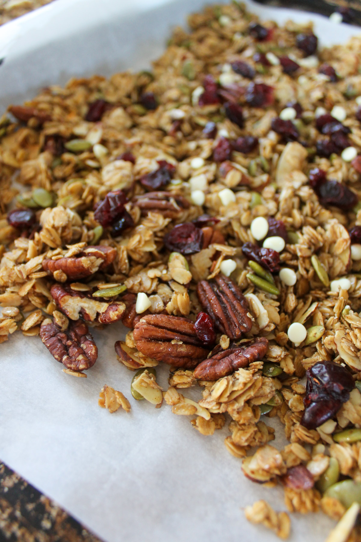 Christmas granola on a sheet pan.