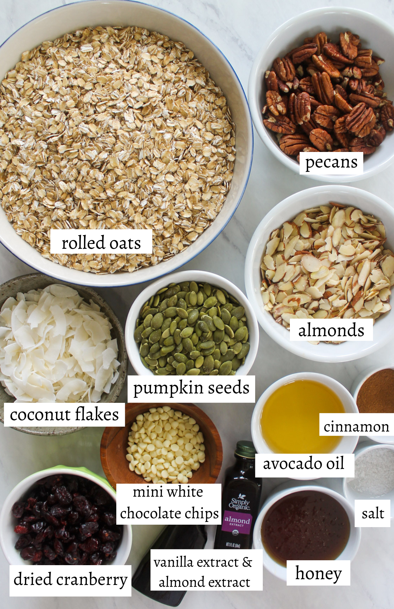 Labeled ingredients for Christmas Granola.