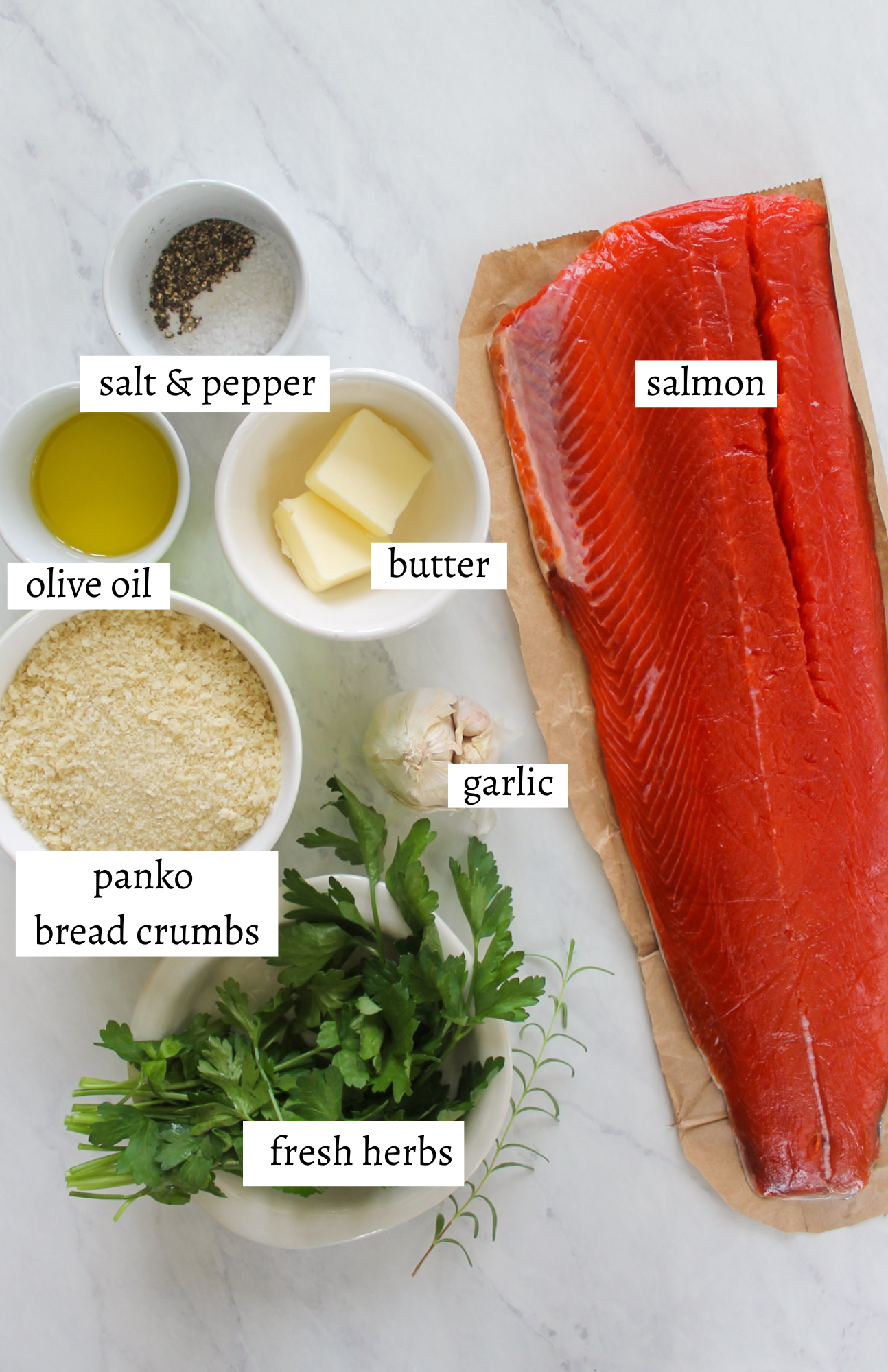 Labeled ingredients for Garlic Herb Panko Crusted Salmon.