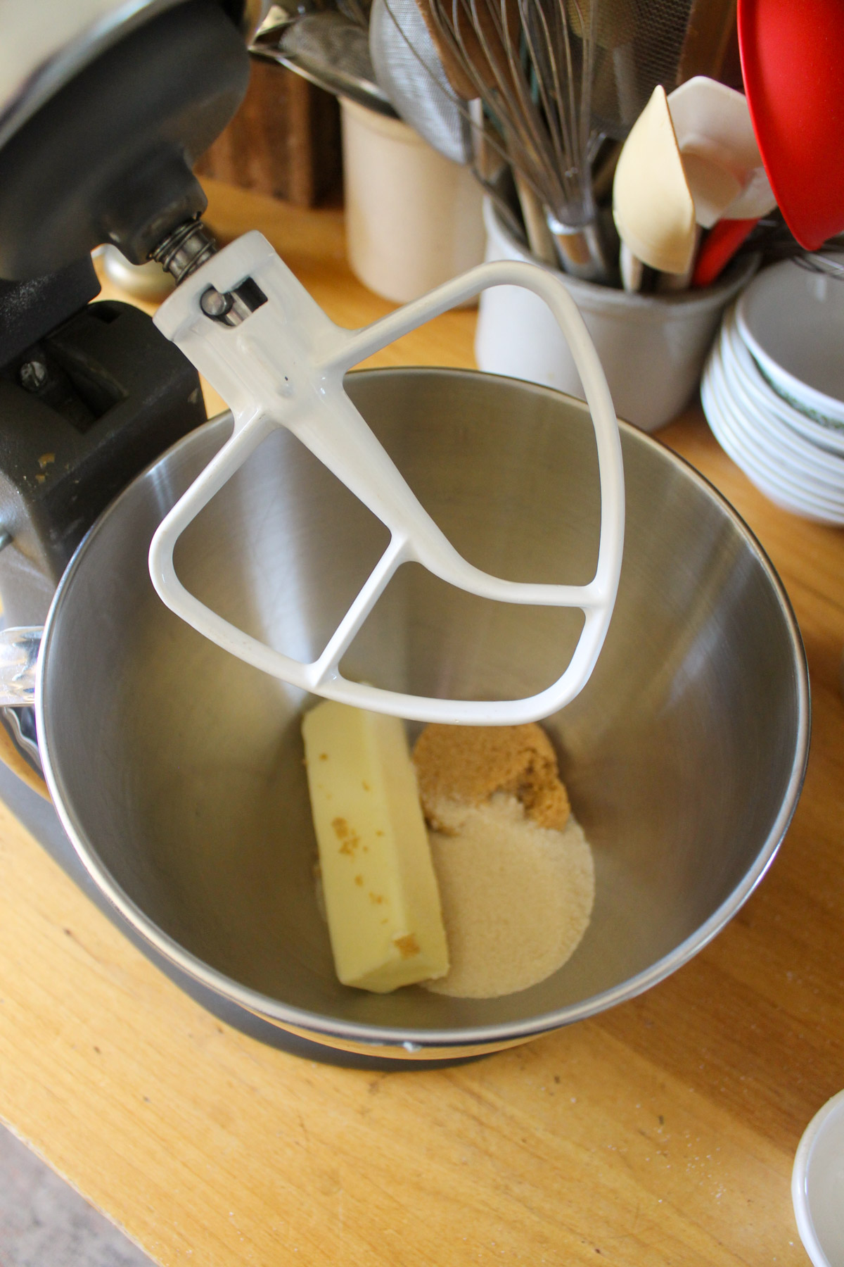 Butter and sugar in a stand mixer.