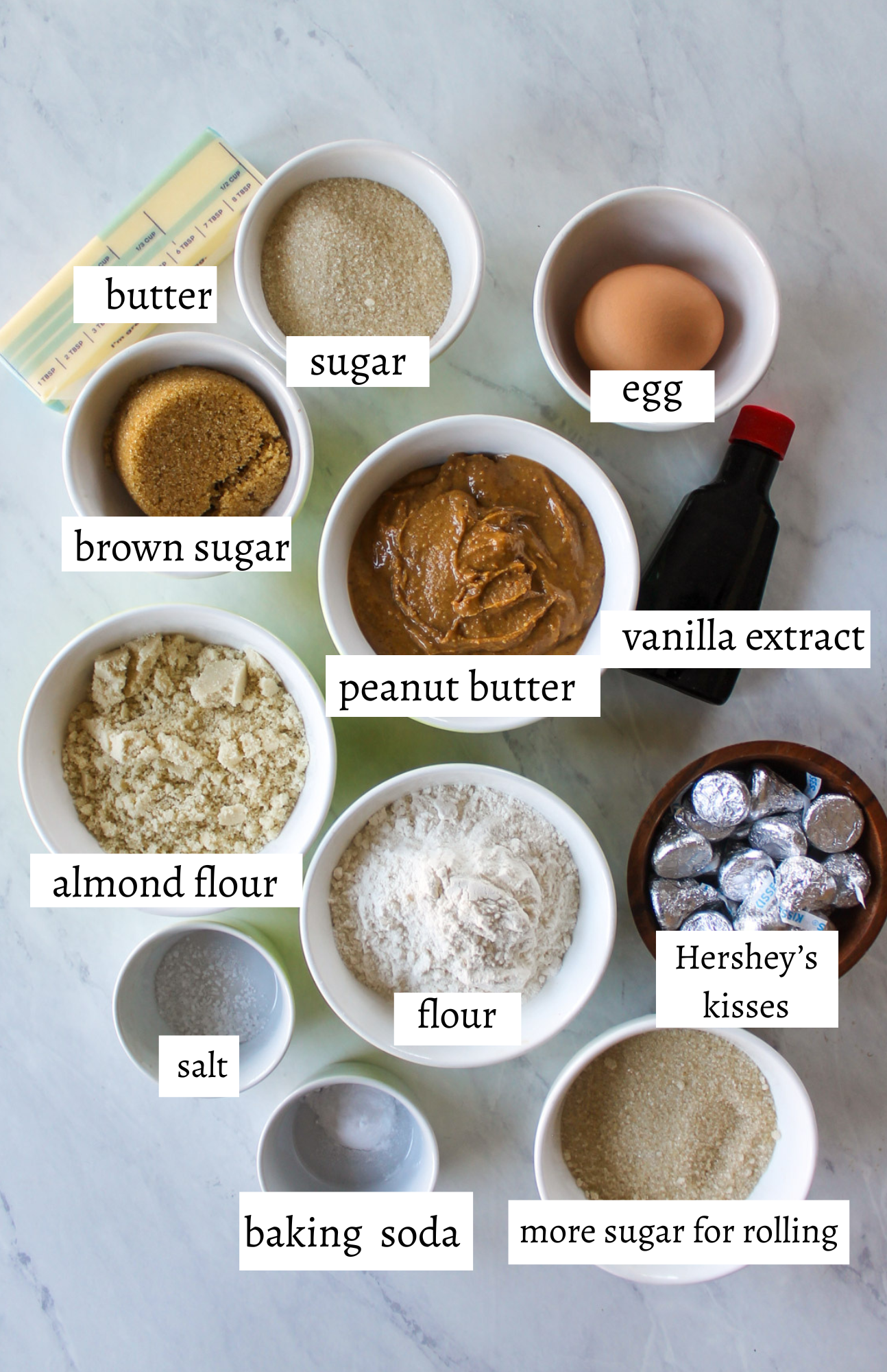 Labeled ingredients for Peanut Butter Blossom Cookies with Almond Flour.