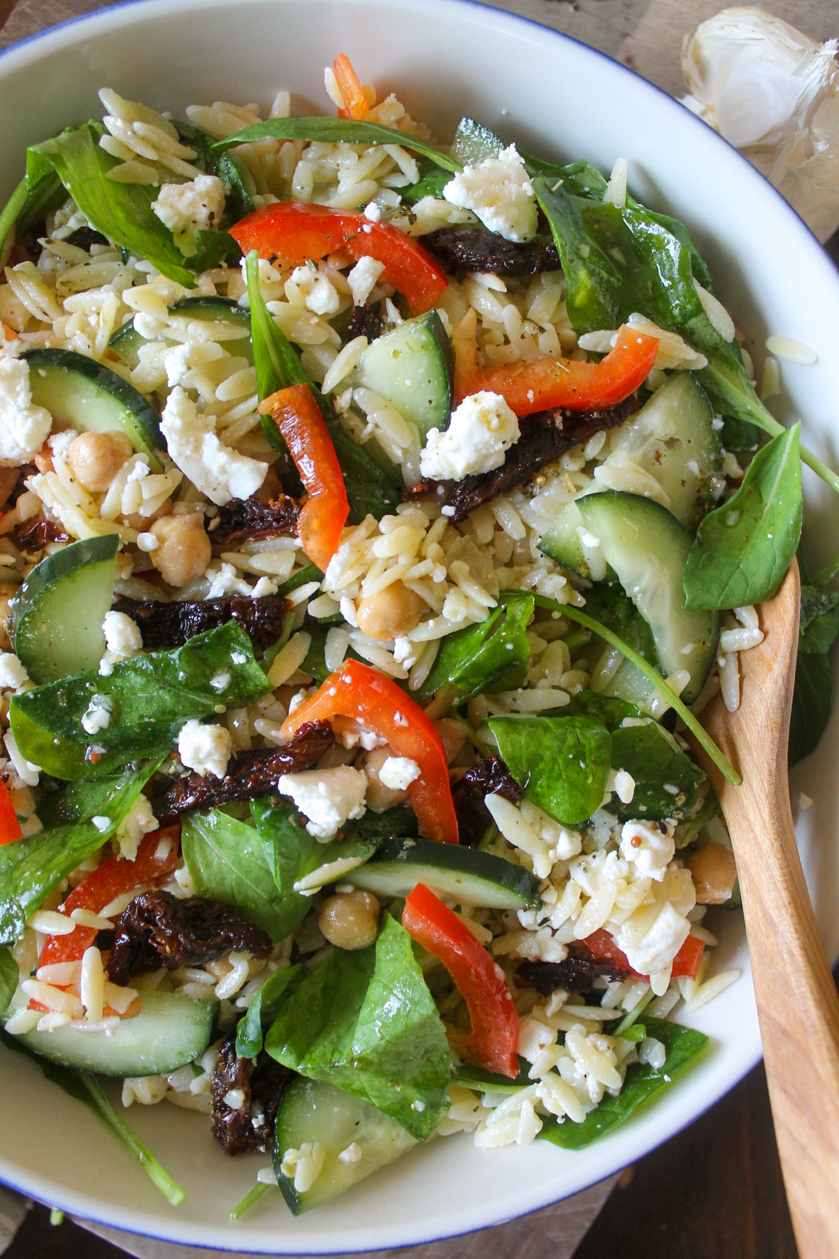 Orzo Pasta Salad with red bell pepper and chickpeas.