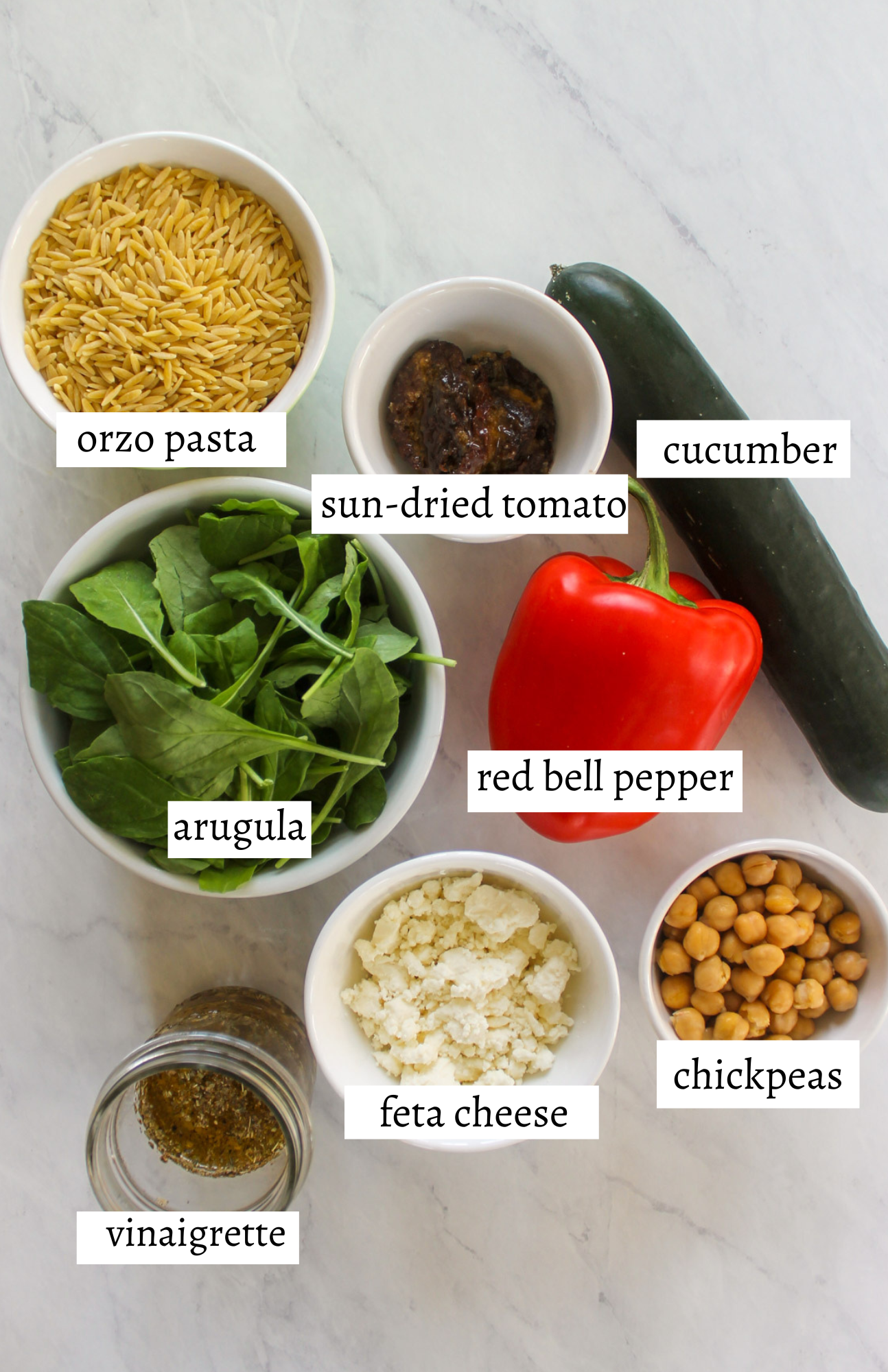 Labeled ingredients for Arugula Orzo Pasta Salad.