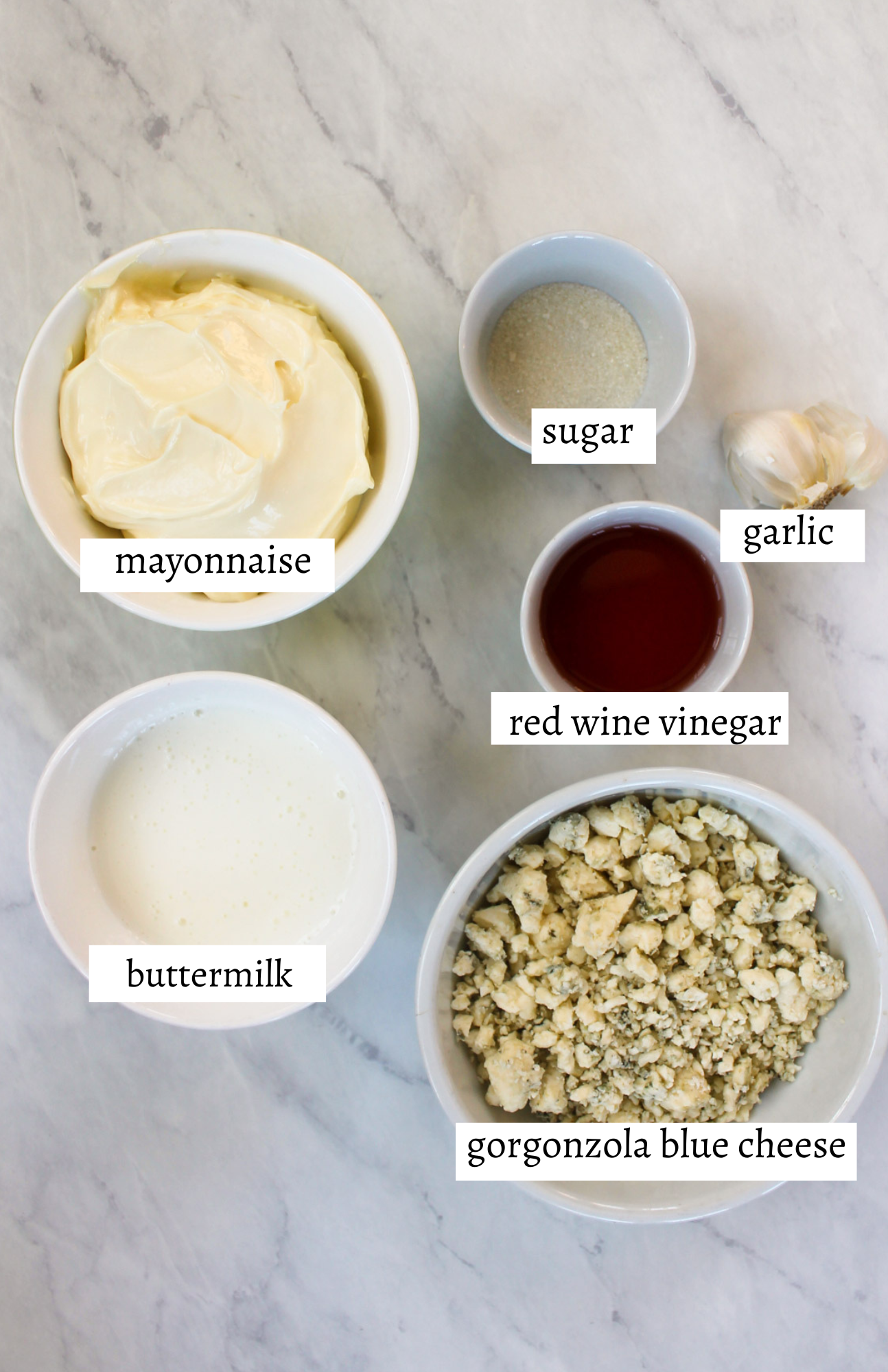 Labeled ingredients for Blue Cheese Dressing.