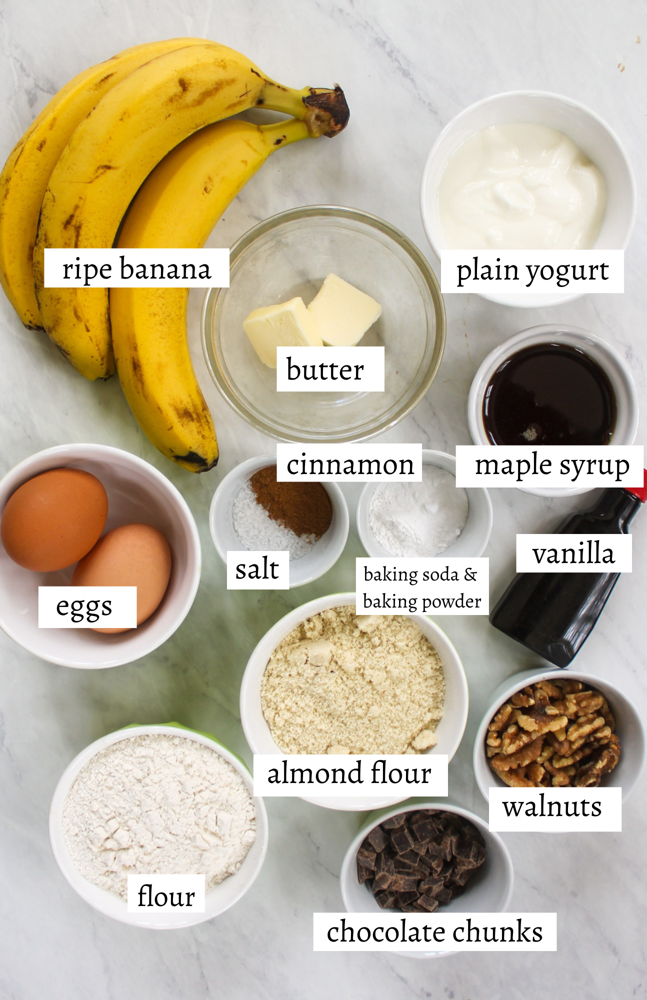 Labeled ingredients for Chocolate Chunk Protein Banana Nut Bread.