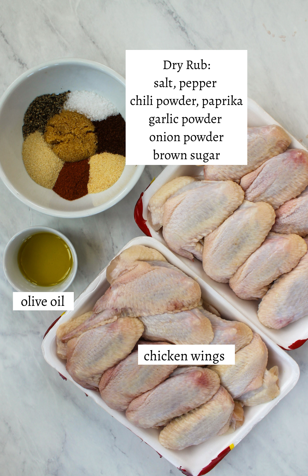 Labeled ingredients for dry rub chicken wings.