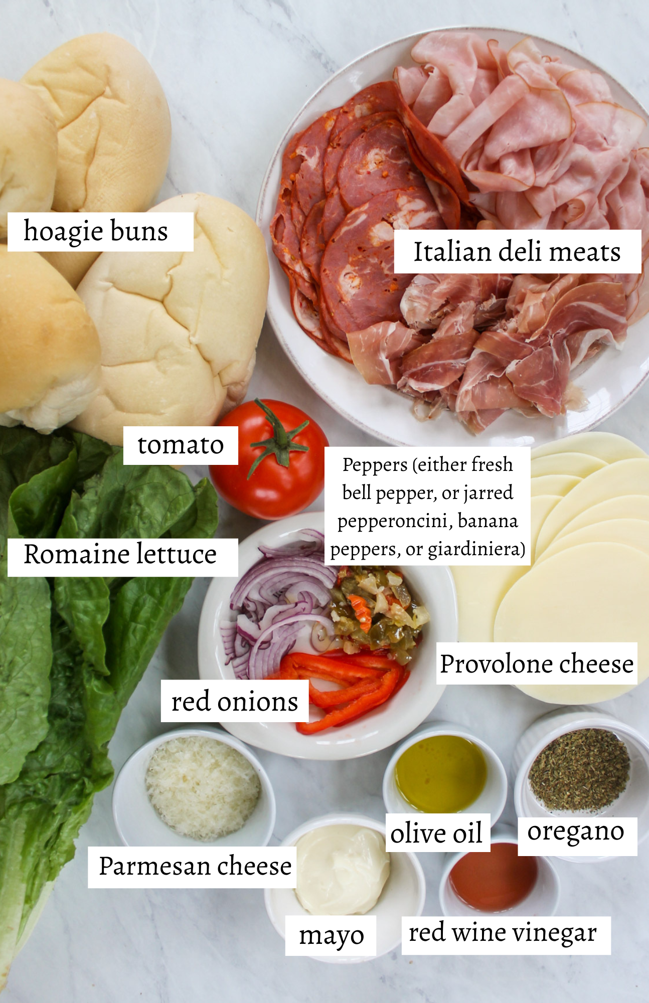 Labeled ingredients for Italian Grinder Sandwiches.