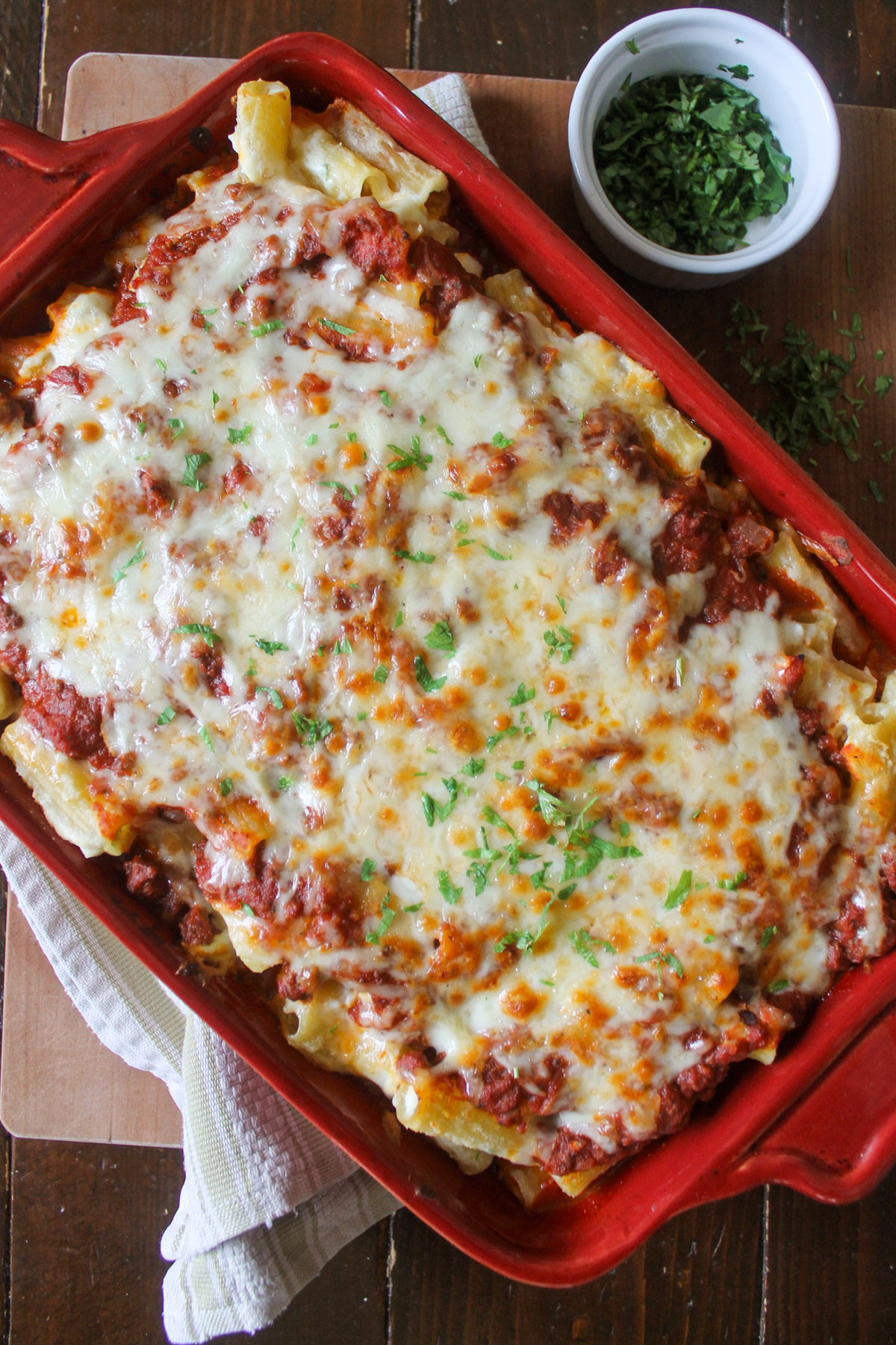 Rigatoni Pasta Bake topped with melted cheese.