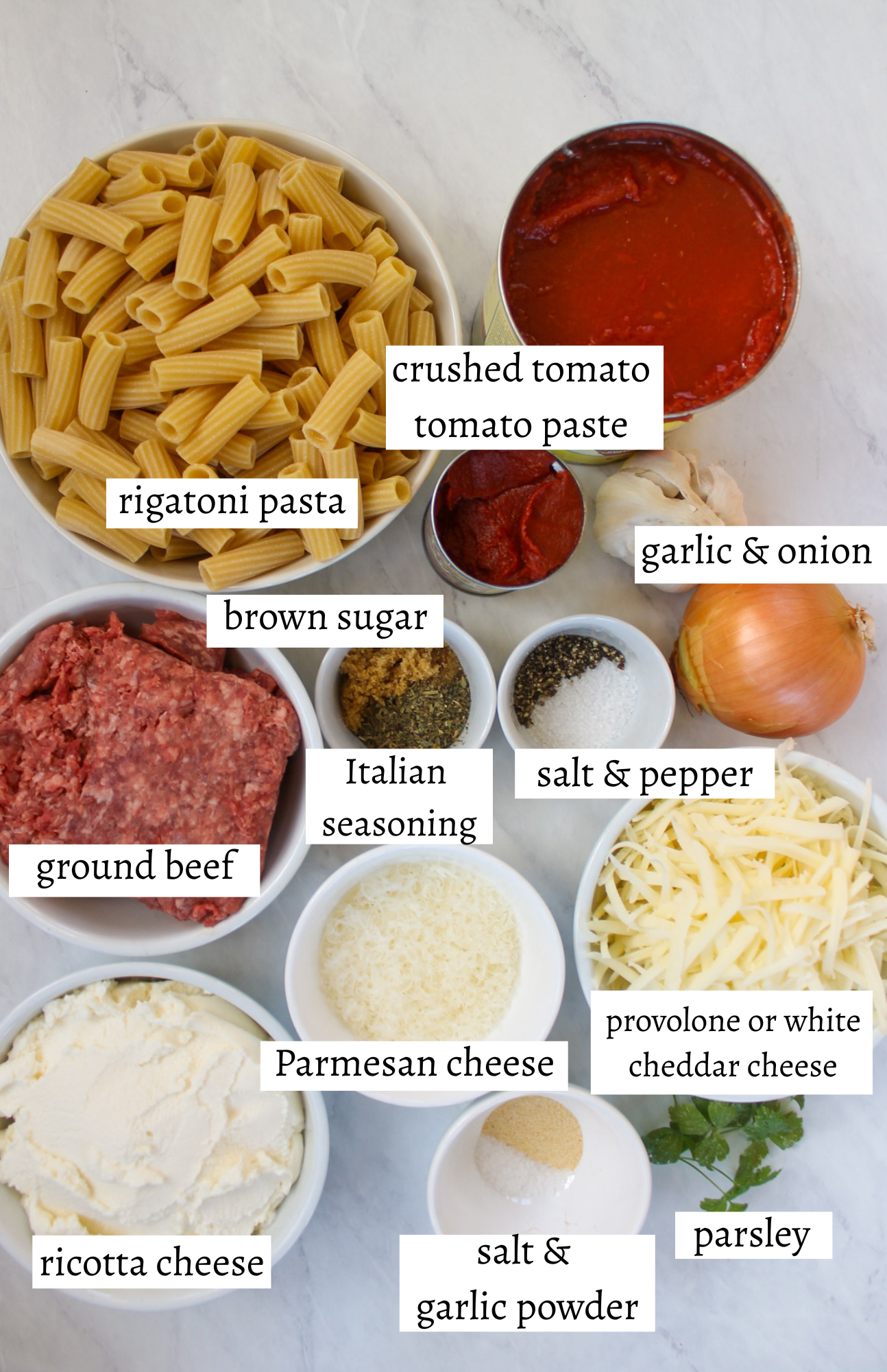 Labeled ingredients for Rigatoni Pasta Bake.