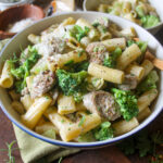 Creamy rigatoni pasta with broccoli and sausage.
