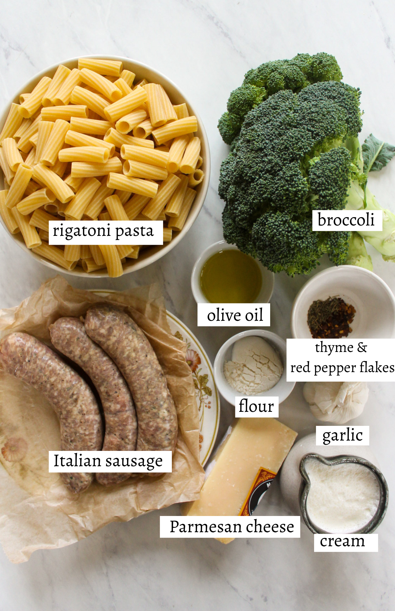 Labeled ingredients for Sausage Broccoli Rigatoni.