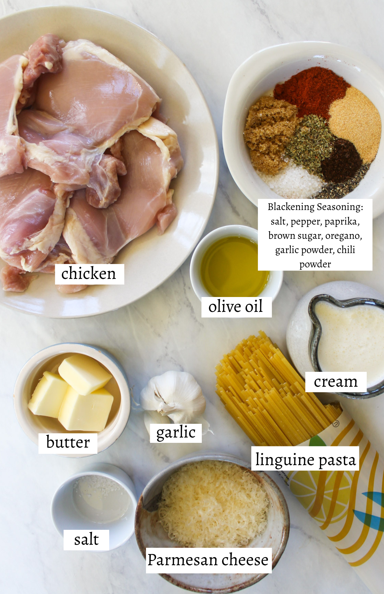 Labeled ingredients for blackened chicken alfredo.